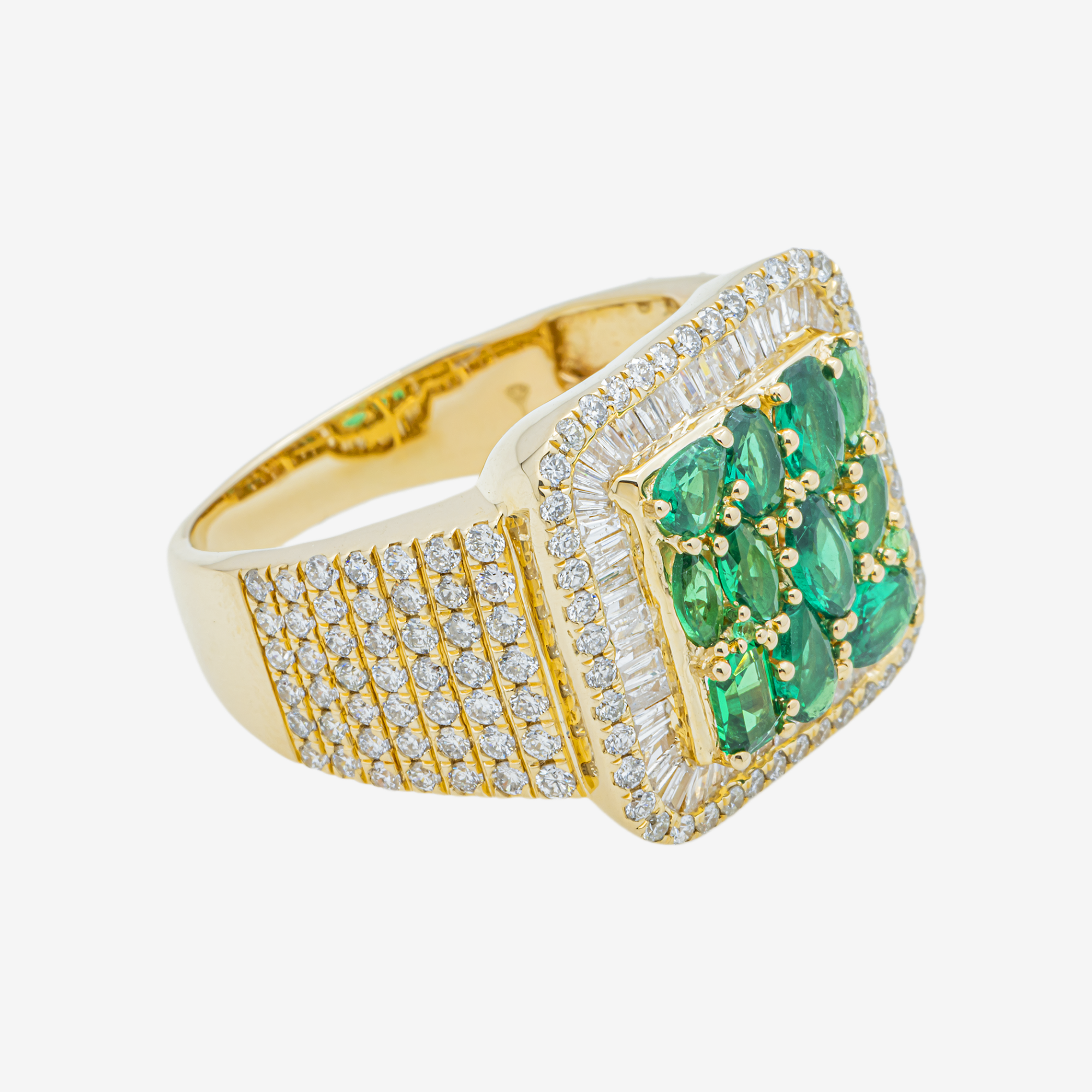 14K EMERALD & DIAMOND BAGUETTE DOUBLE HALO WIDE BAND MIXED CUT EMERALD CLUSTER CENTER PAVE RING IN YG