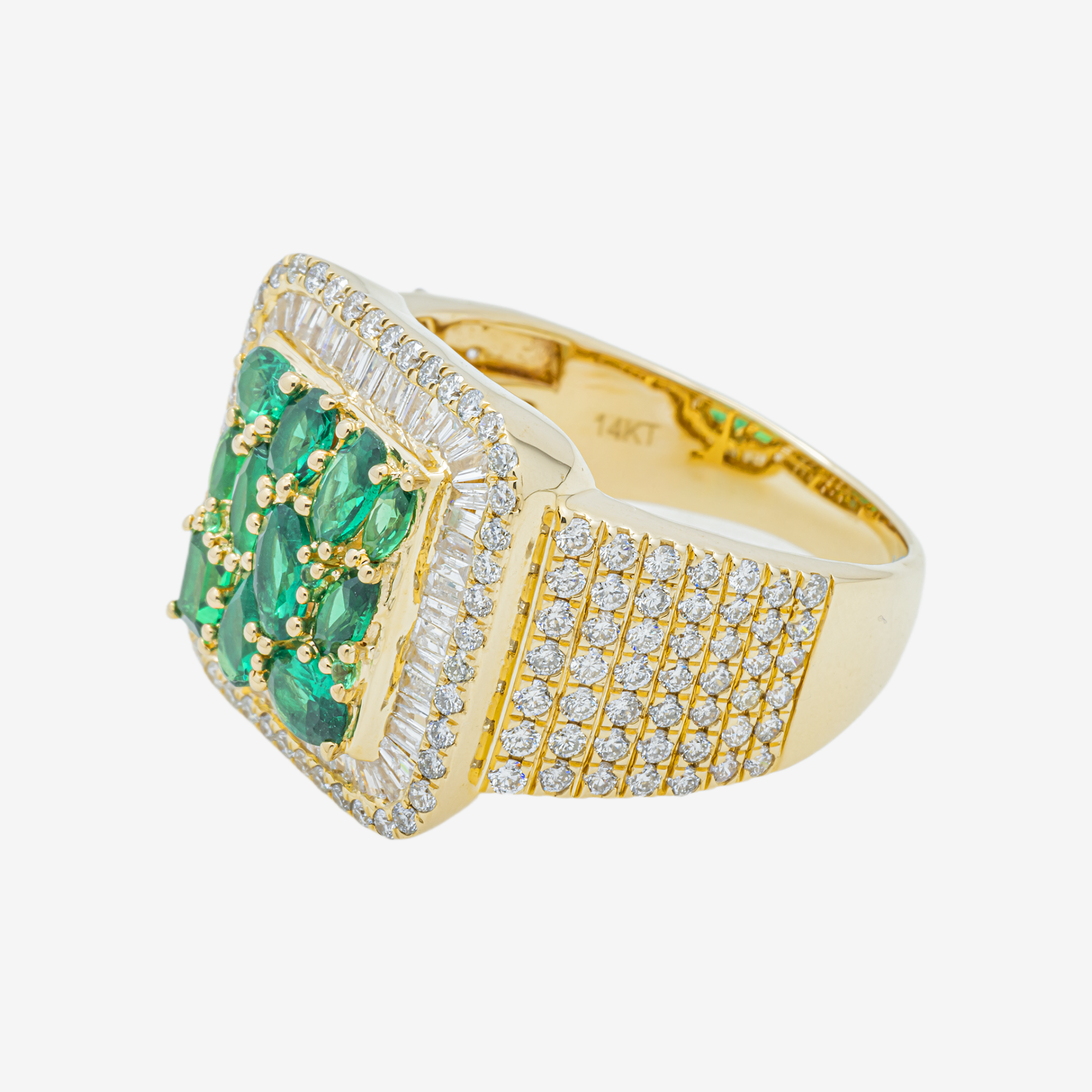 14K EMERALD & DIAMOND BAGUETTE DOUBLE HALO WIDE BAND MIXED CUT EMERALD CLUSTER CENTER PAVE RING IN YG
