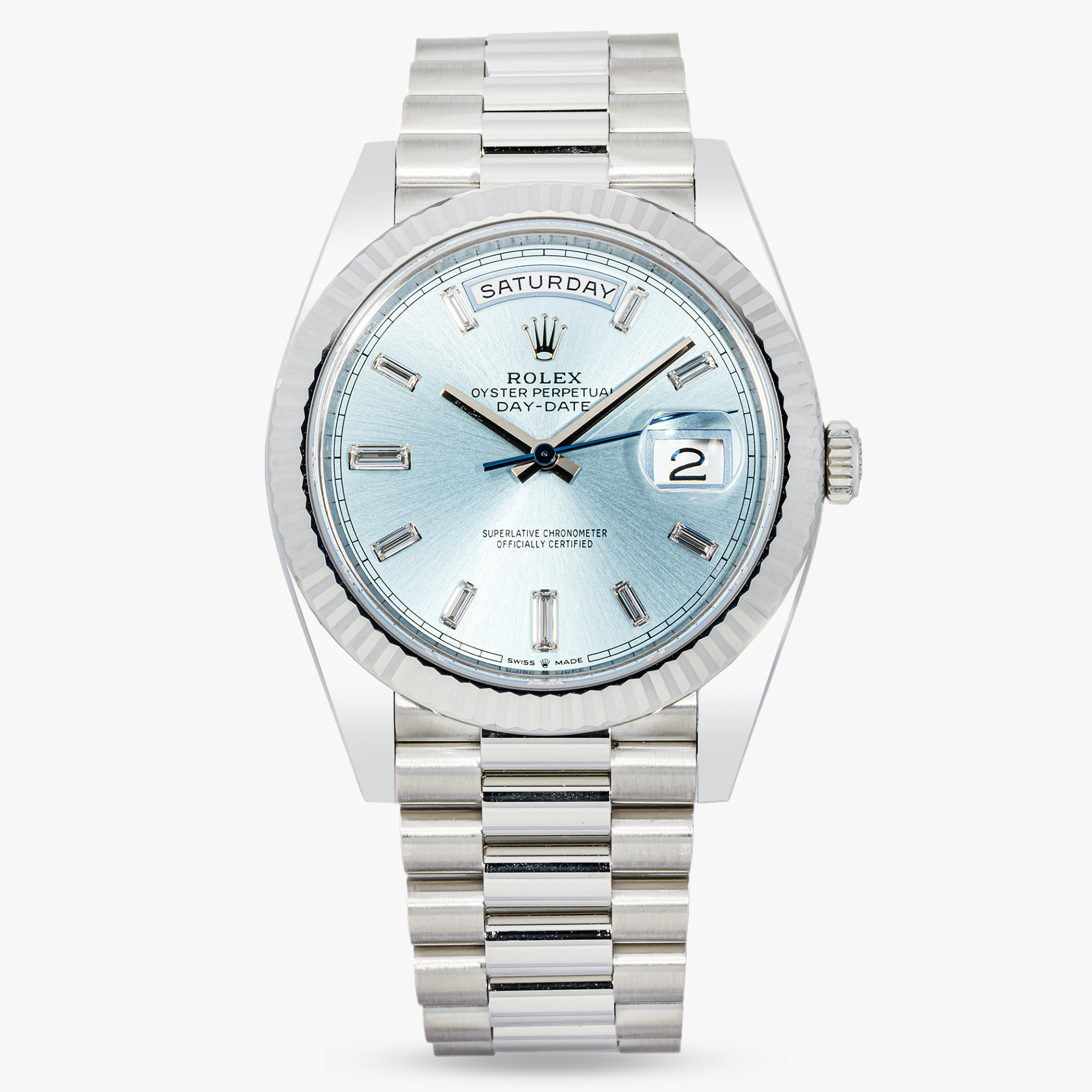 ROLEX DAY-DATE 40MM ICE BLUE DIAL BAGUETTE DIAL 228236