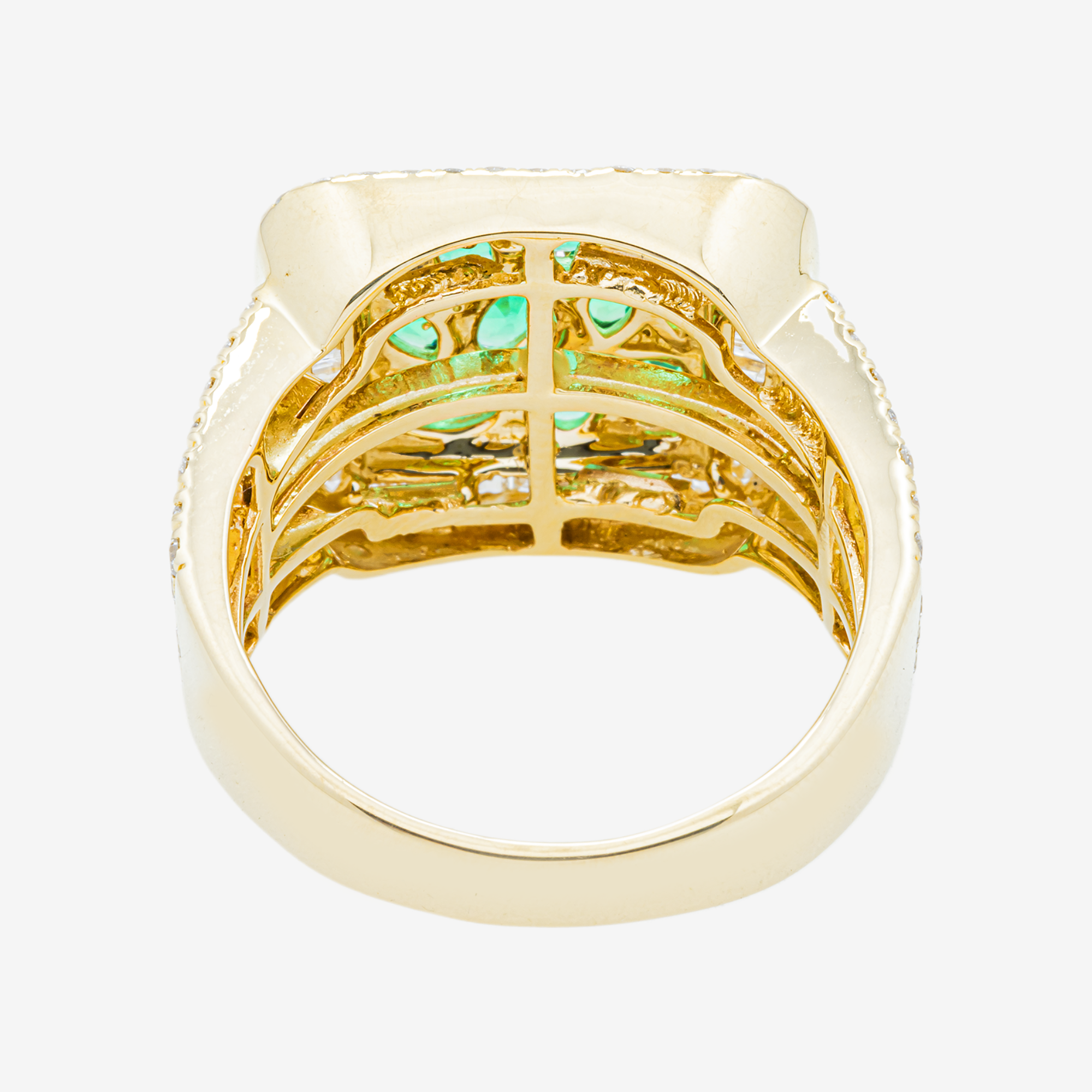 14K EMERALD & DIAMOND BAGUETTE DOUBLE HALO WIDE BAND MIXED CUT EMERALD CLUSTER CENTER PAVE RING IN YG