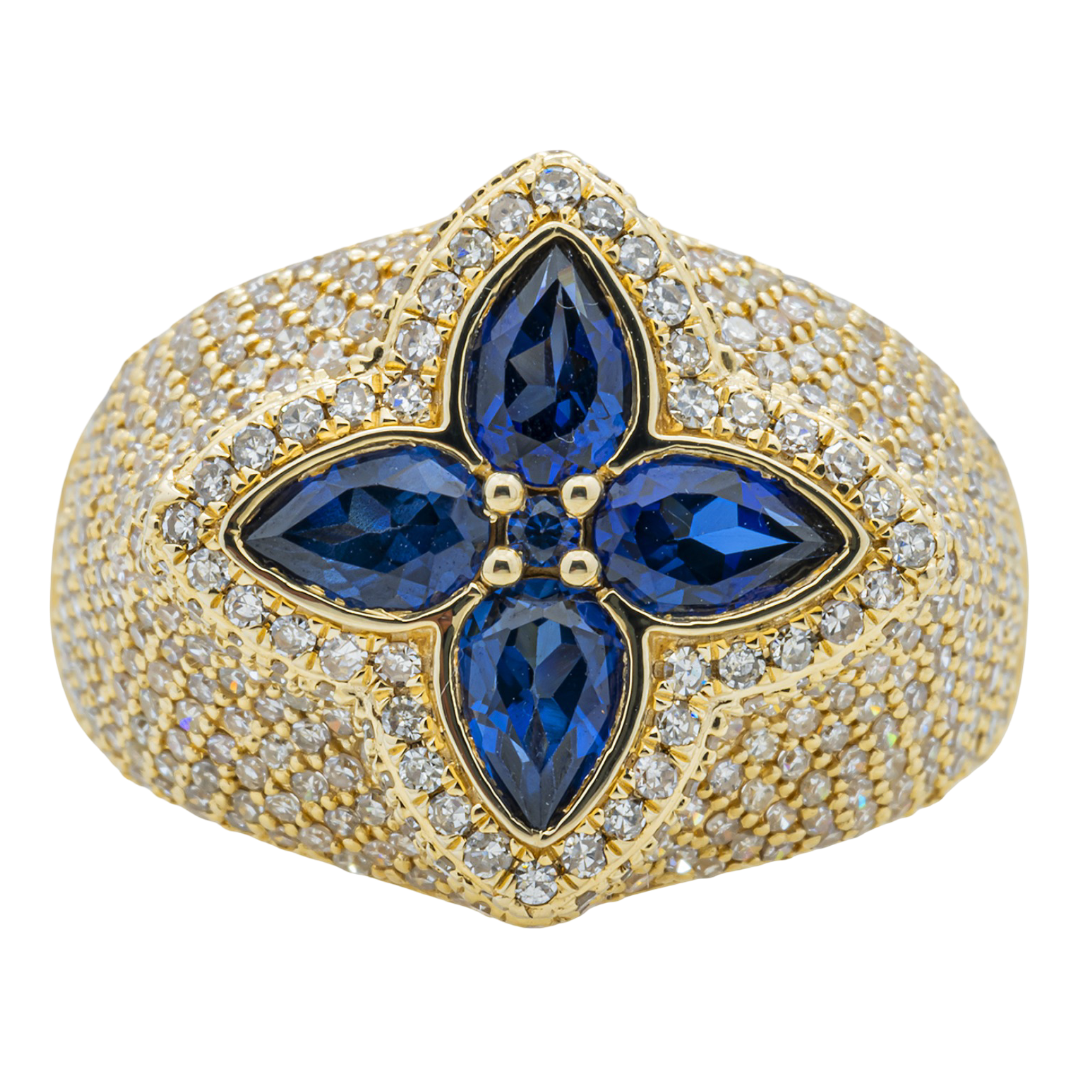 14K BLUE SAPPHIRE FOUR PETAL FLOWER & DIAMOND PAVE MARQUISE FLORAL CLUSTER DOME RING IN YG