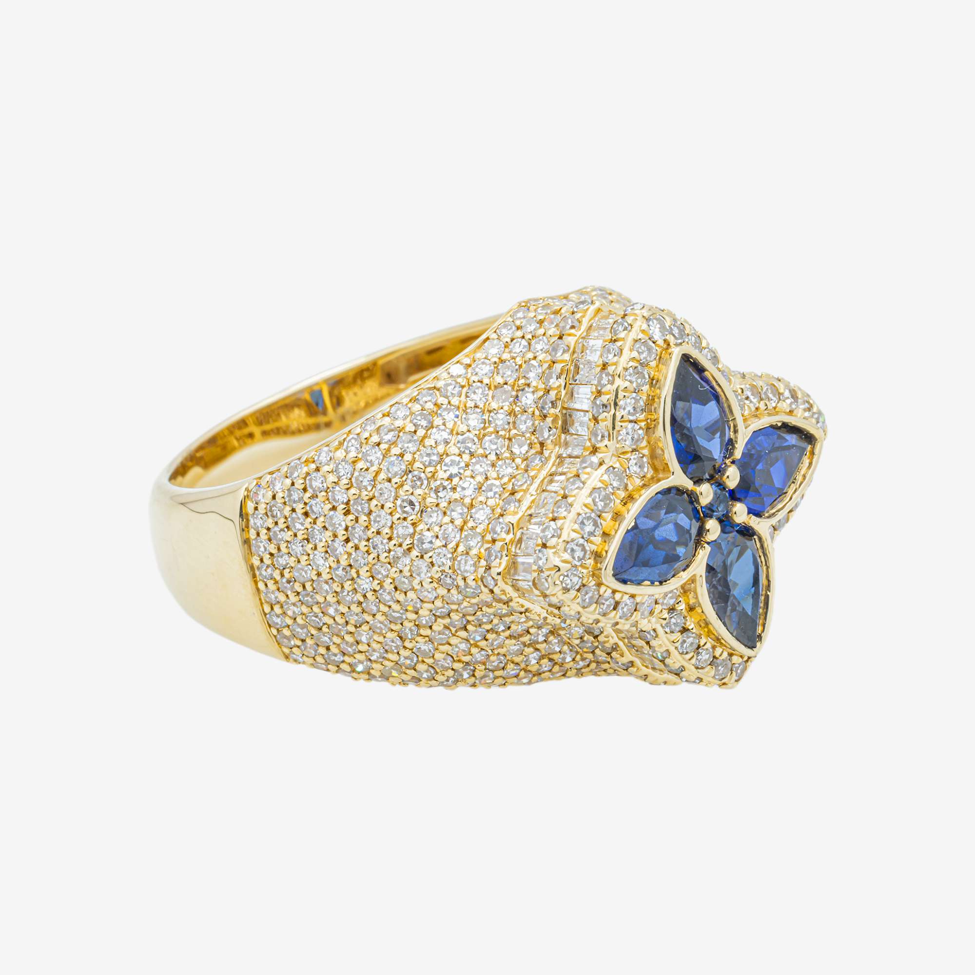 14K BLUE SAPPHIRE FOUR PETAL FLOWER & DIAMOND PAVE MARQUISE FLORAL CLUSTER DOME RING IN YG