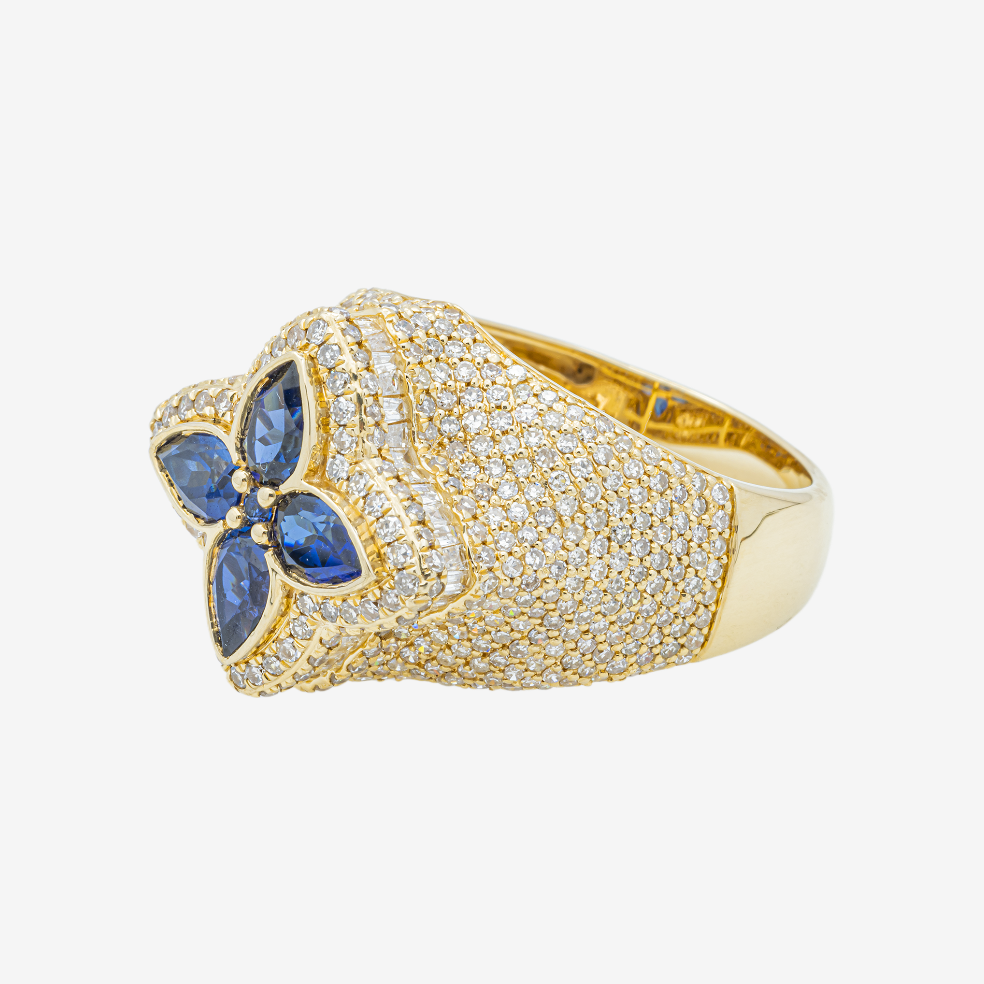 14K BLUE SAPPHIRE FOUR PETAL FLOWER & DIAMOND PAVE MARQUISE FLORAL CLUSTER DOME RING IN YG