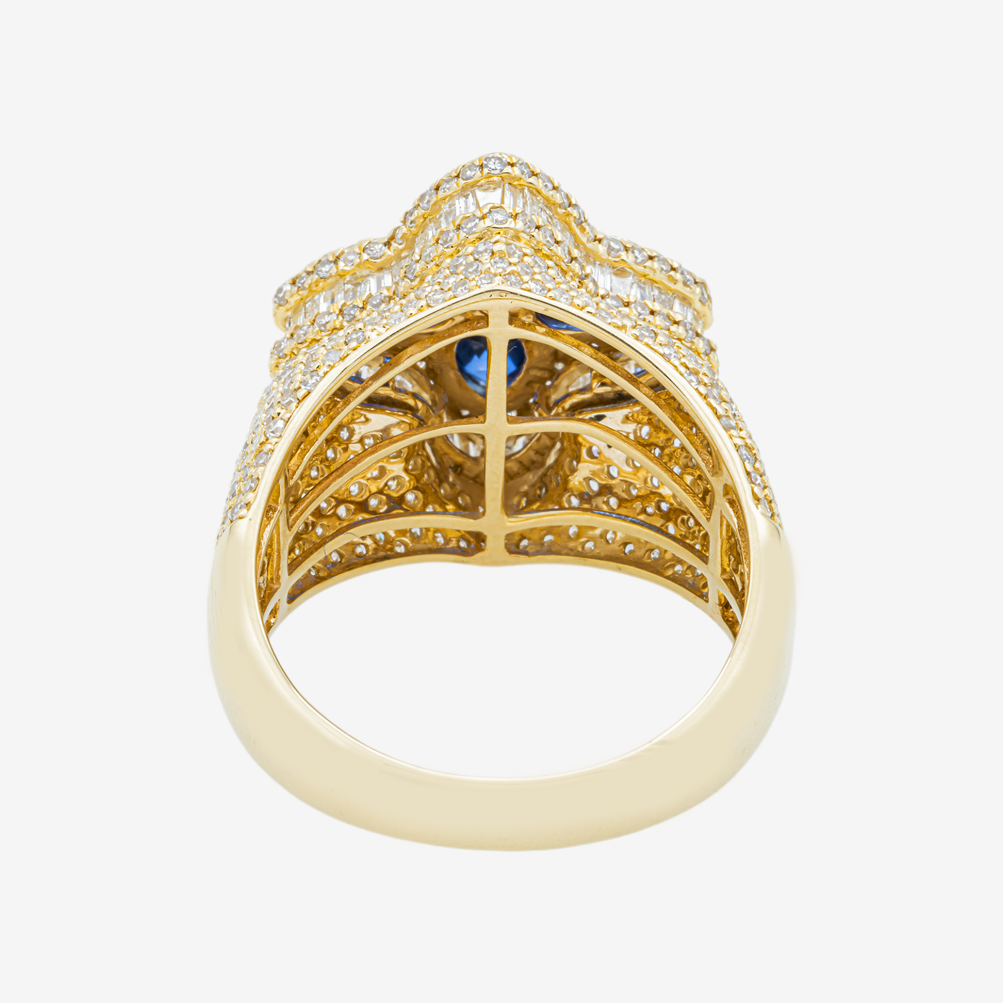 14K BLUE SAPPHIRE FOUR PETAL FLOWER & DIAMOND PAVE MARQUISE FLORAL CLUSTER DOME RING IN YG