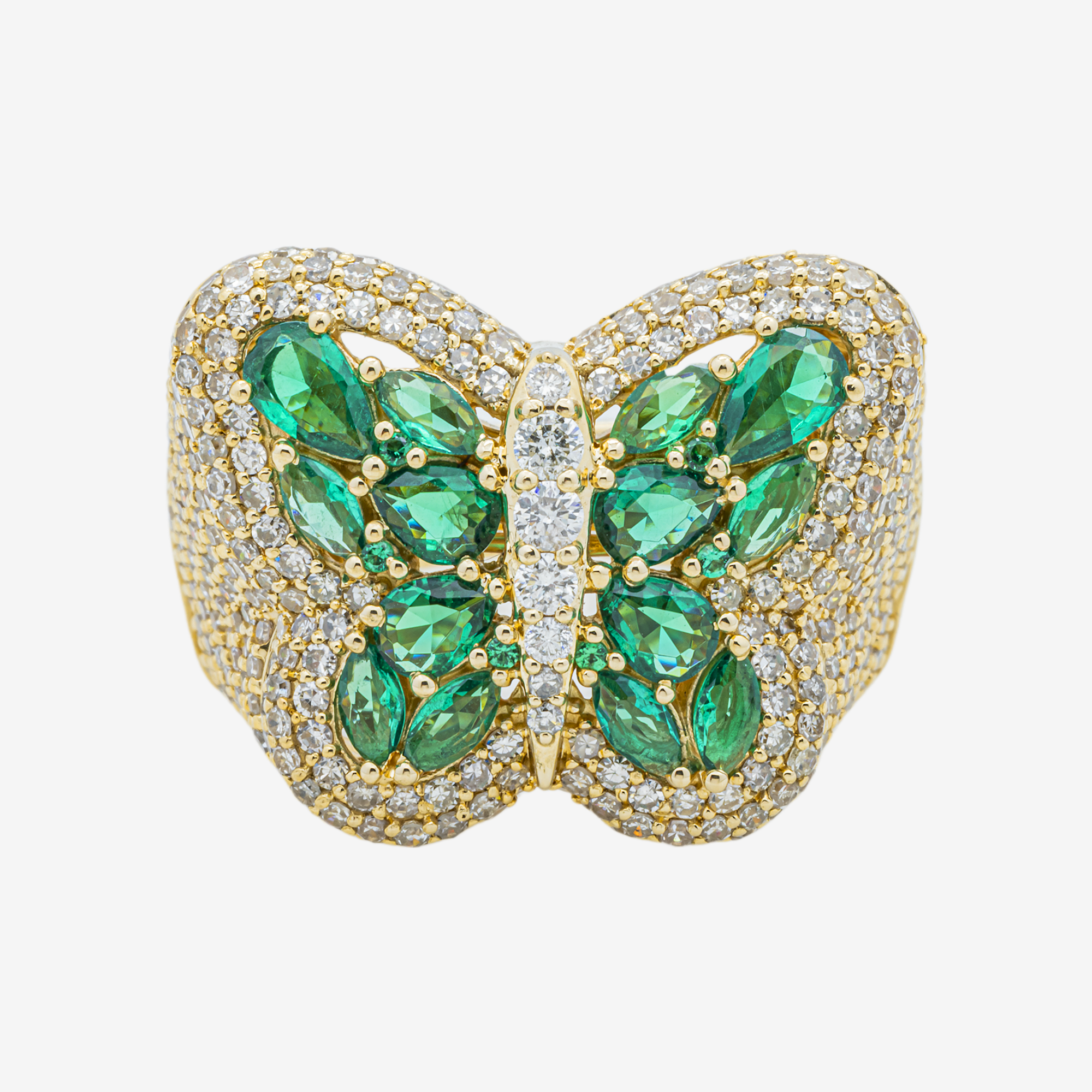 14K EMERALD & DIAMOND PAVE BUTTERFLY DOME MARQUISE PEAR ALL-EMERALD NATURE INSPIRED RING IN YG