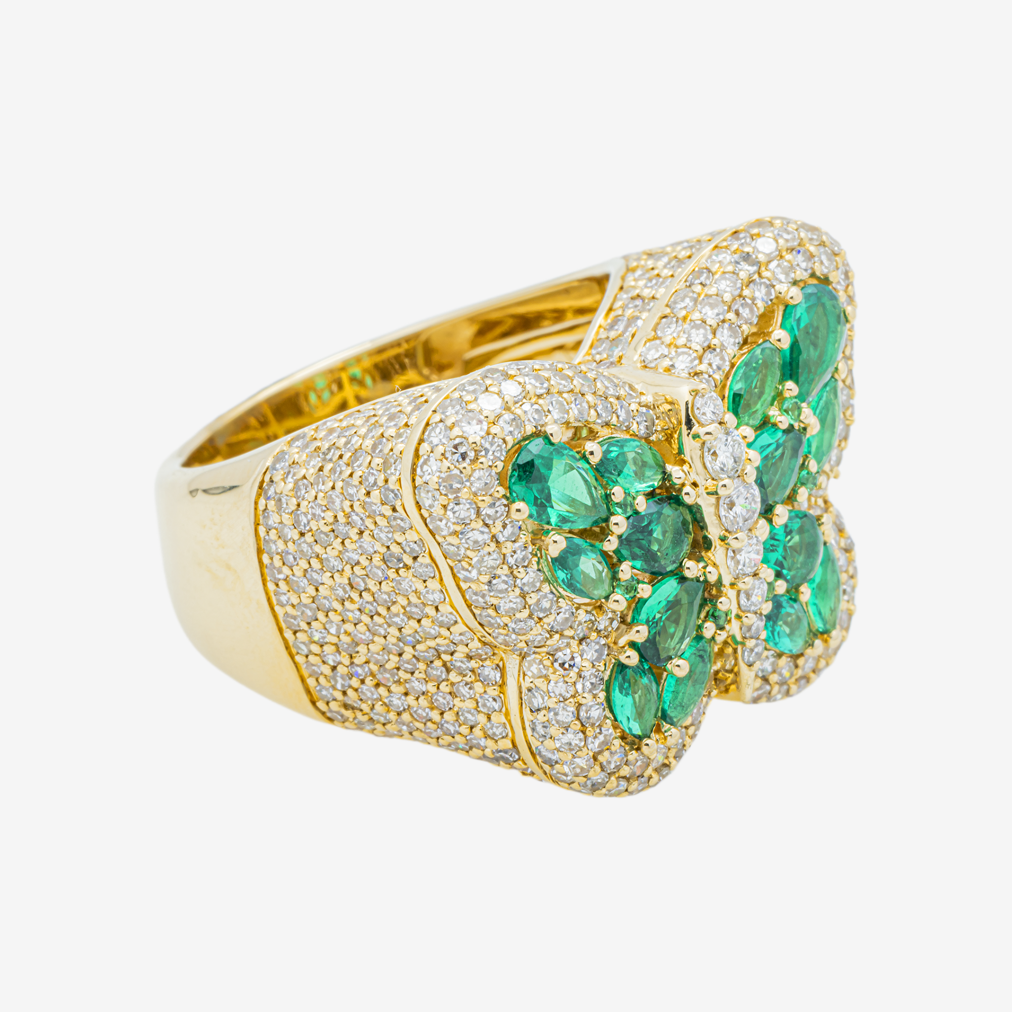 14K EMERALD & DIAMOND PAVE BUTTERFLY DOME MARQUISE PEAR ALL-EMERALD NATURE INSPIRED RING IN YG