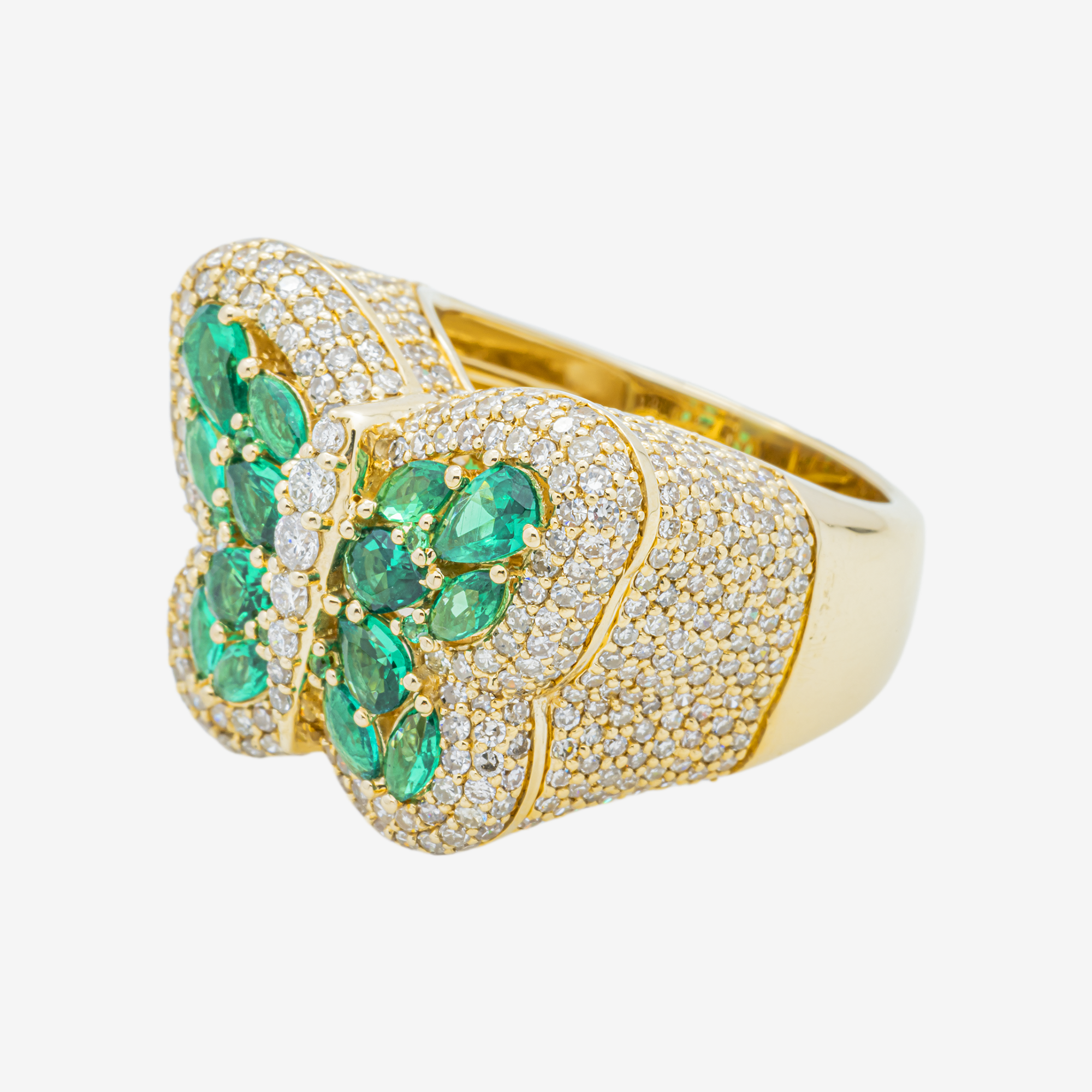 14K EMERALD & DIAMOND PAVE BUTTERFLY DOME MARQUISE PEAR ALL-EMERALD NATURE INSPIRED RING IN YG