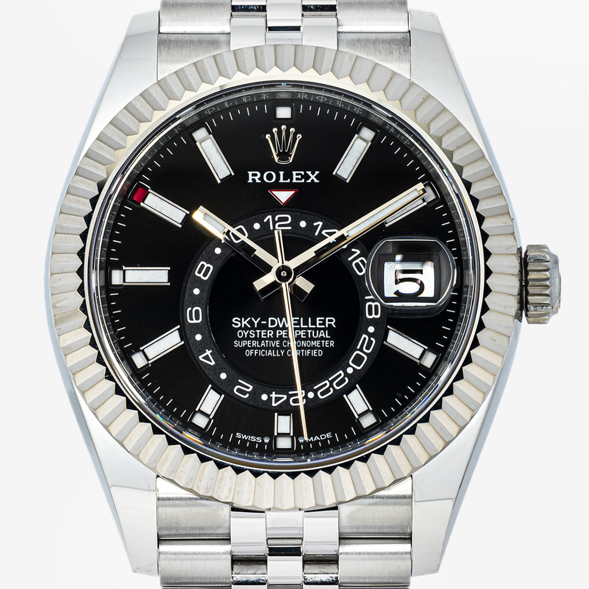 ROLEX SKY-DWELLER 42MM 336934 BLACK DIAL FLUTED BEZEL STAINLESS STEEL JUBILEE BRACELET