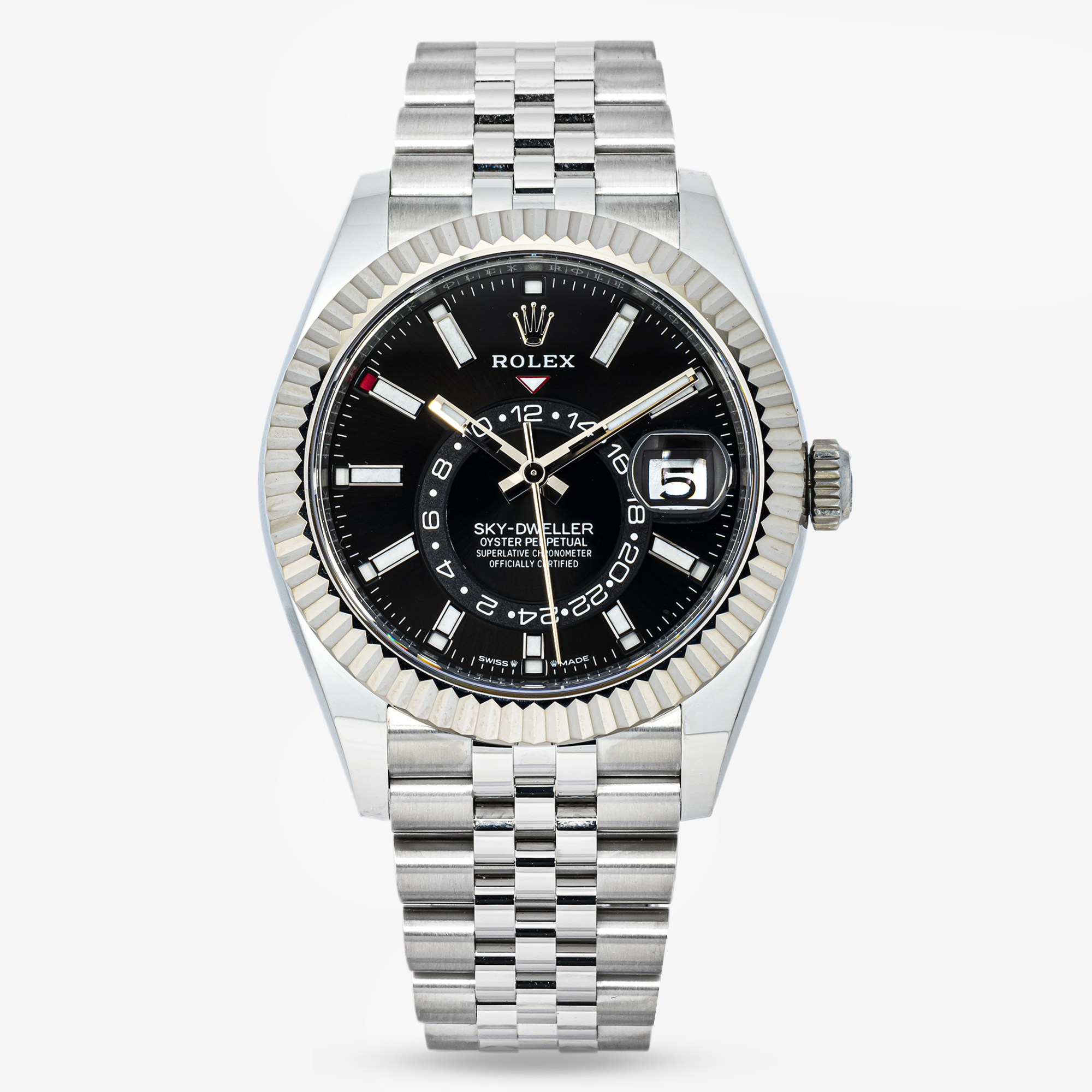 ROLEX SKY-DWELLER 42MM 336934 BLACK DIAL FLUTED BEZEL STAINLESS STEEL JUBILEE BRACELET