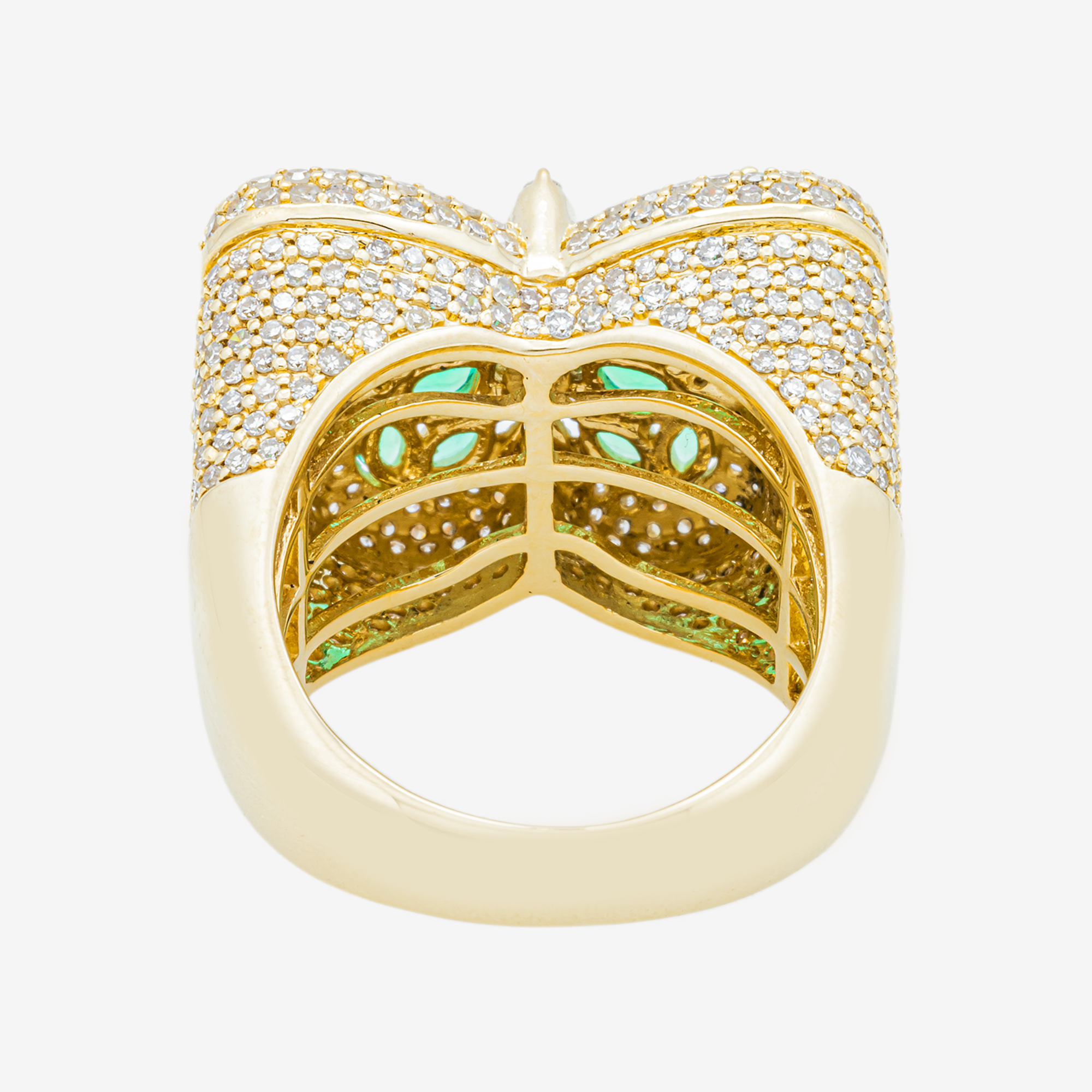 14K EMERALD & DIAMOND PAVE BUTTERFLY DOME MARQUISE PEAR ALL-EMERALD NATURE INSPIRED RING IN YG