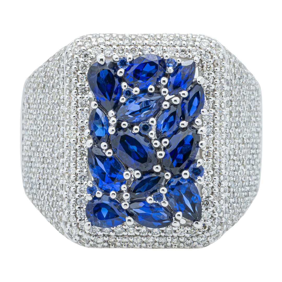 14K BLUE SAPPHIRE & DIAMOND PAVE CUSHION SIGNET MARQUISE PEAR CLUSTER CENTER BOLD WIDE BAND RING IN WG