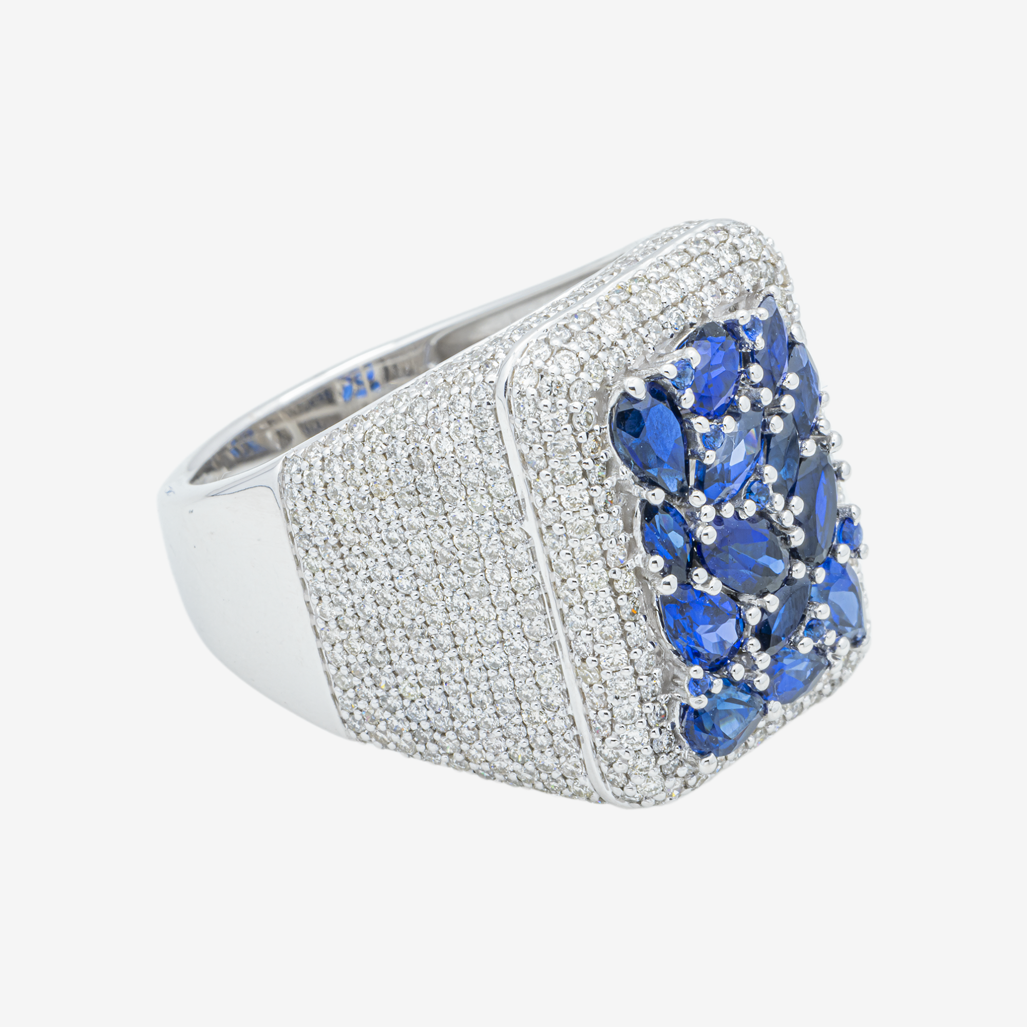 14K BLUE SAPPHIRE & DIAMOND PAVE CUSHION SIGNET MARQUISE PEAR CLUSTER CENTER BOLD WIDE BAND RING IN WG