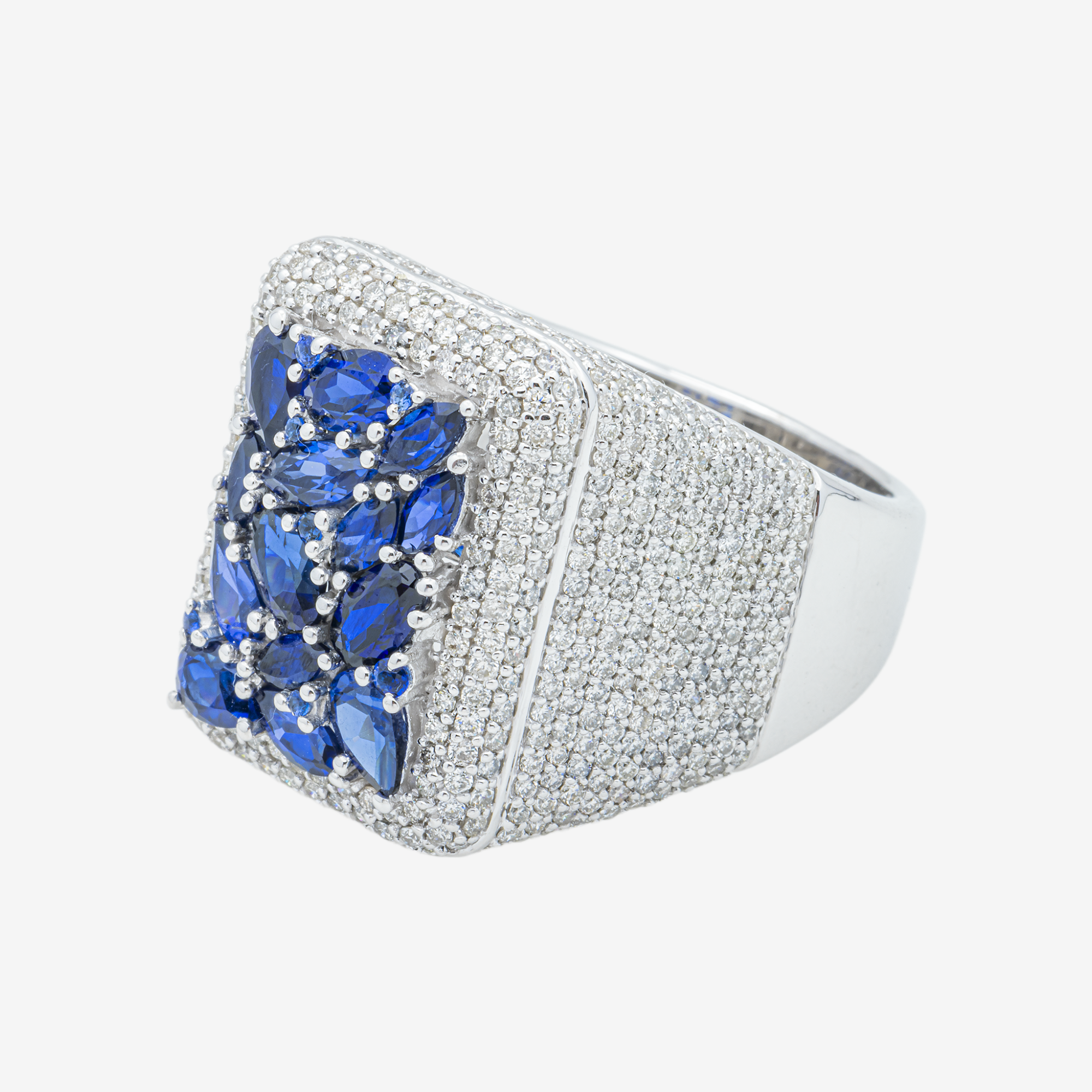 14K BLUE SAPPHIRE & DIAMOND PAVE CUSHION SIGNET MARQUISE PEAR CLUSTER CENTER BOLD WIDE BAND RING IN WG