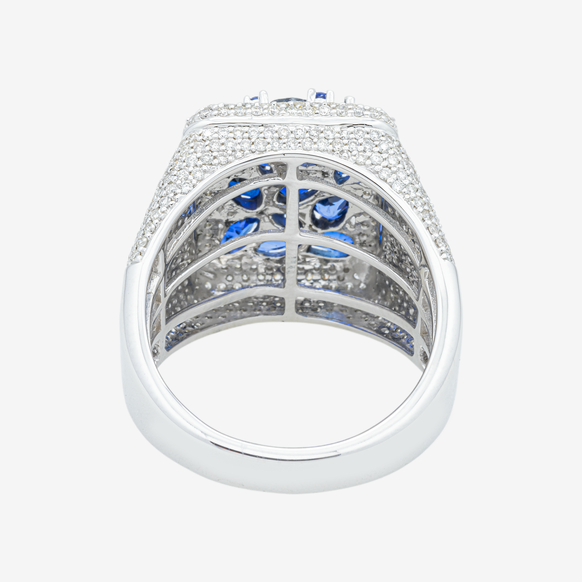 14K BLUE SAPPHIRE & DIAMOND PAVE CUSHION SIGNET MARQUISE PEAR CLUSTER CENTER BOLD WIDE BAND RING IN WG