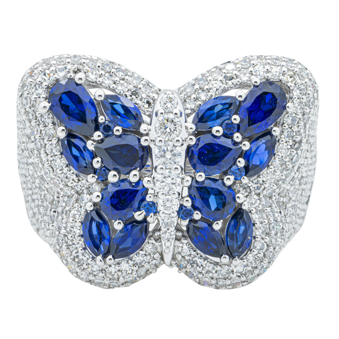 14K BLUE SAPPHIRE & DIAMOND PAVE BUTTERFLY DOME MARQUISE PEAR ALL-SAPPHIRE NATURE INSPIRED RING IN WG