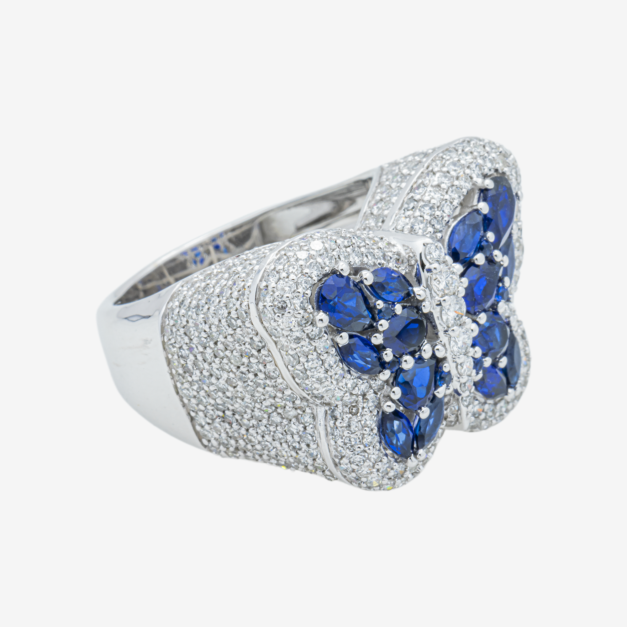 14K BLUE SAPPHIRE & DIAMOND PAVE BUTTERFLY DOME MARQUISE PEAR ALL-SAPPHIRE NATURE INSPIRED RING IN WG