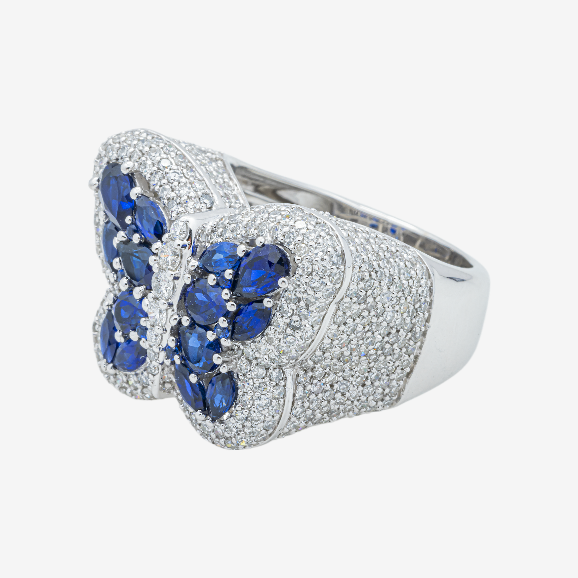 14K BLUE SAPPHIRE & DIAMOND PAVE BUTTERFLY DOME MARQUISE PEAR ALL-SAPPHIRE NATURE INSPIRED RING IN WG