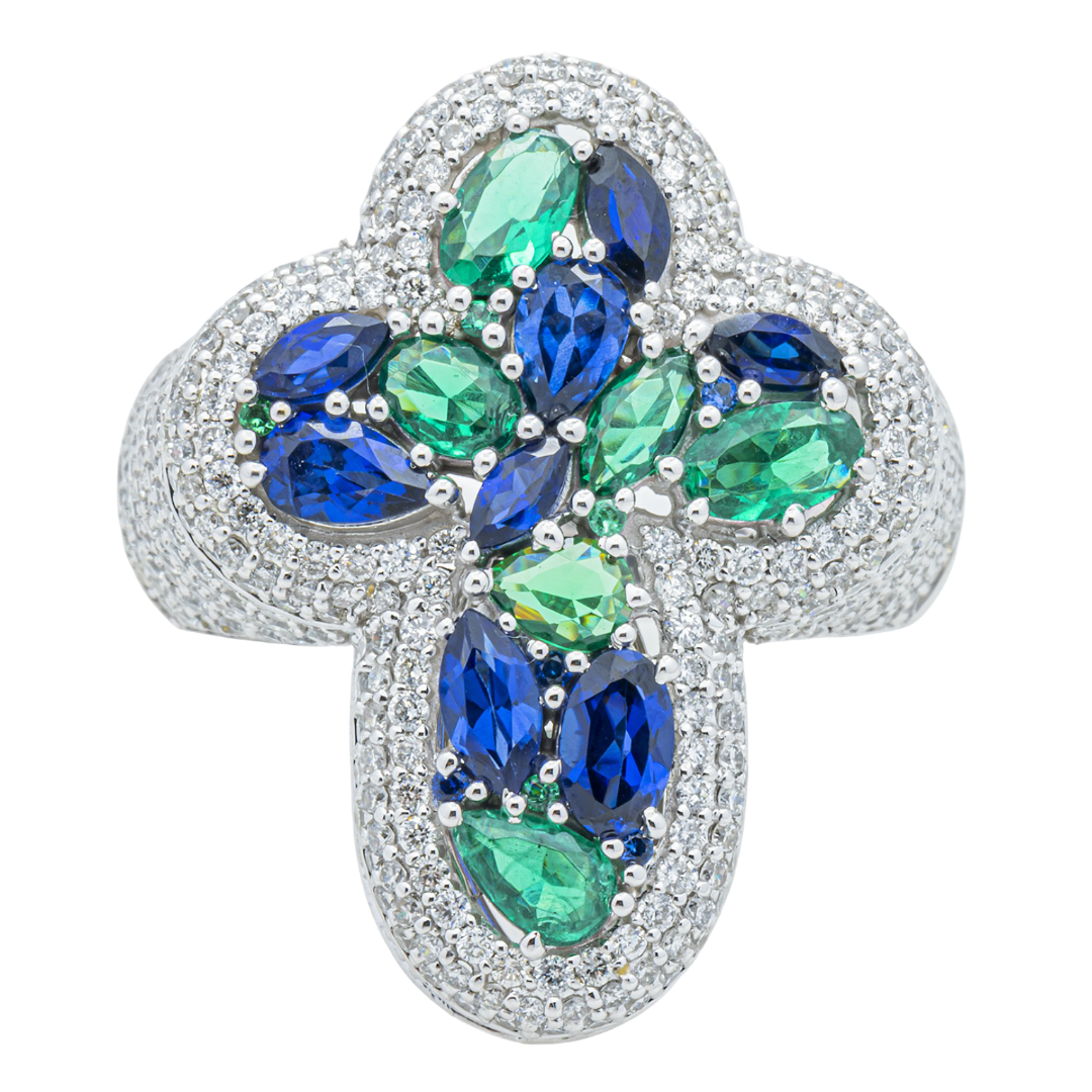 14K BLUE SAPPHIRE EMERALD & DIAMOND PAVE CROSS FLOWER MARQUISE OVAL MULTI-GEMSTONE CLOVER RING IN WG
