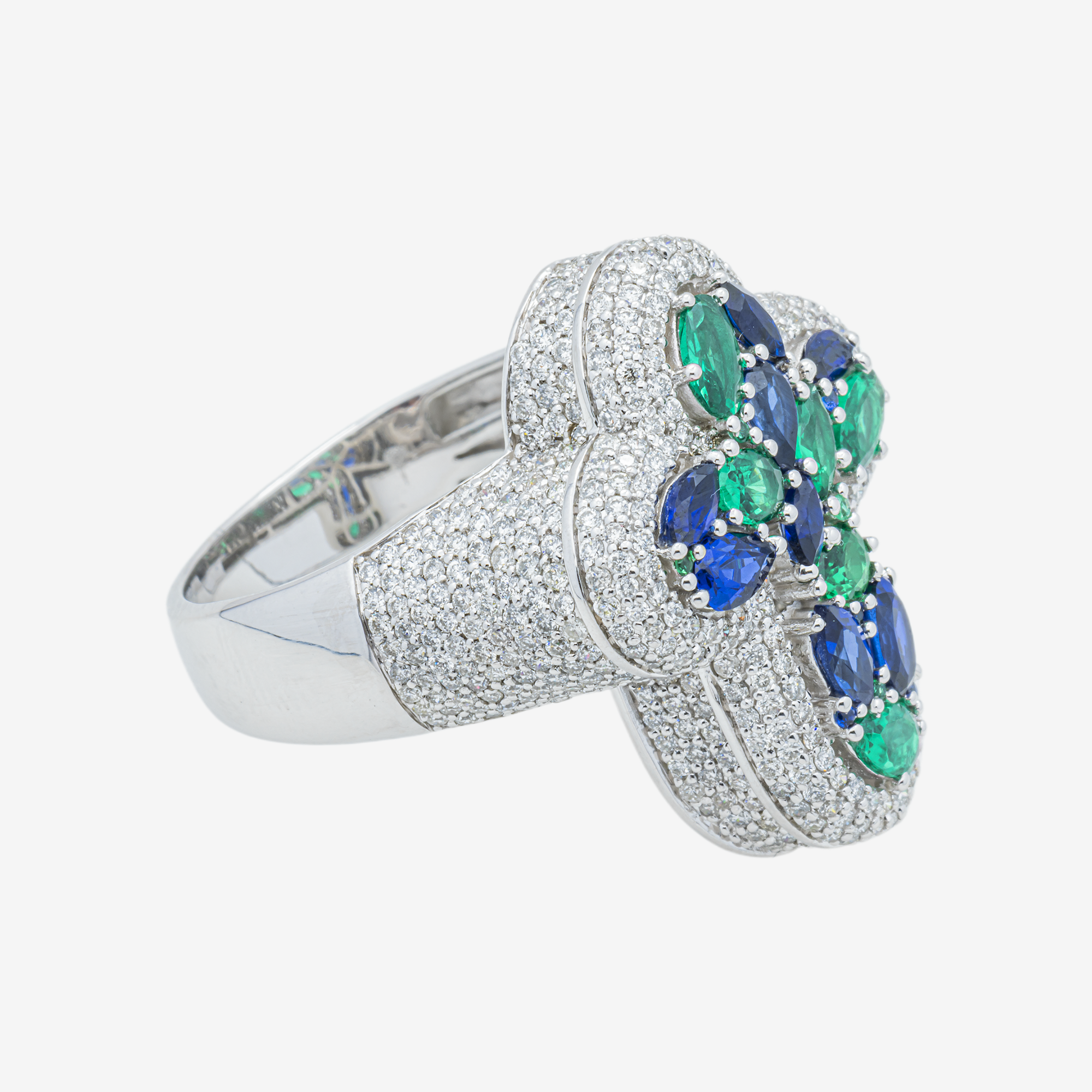 14K BLUE SAPPHIRE EMERALD & DIAMOND PAVE CROSS FLOWER MARQUISE OVAL MULTI-GEMSTONE CLOVER RING IN WG