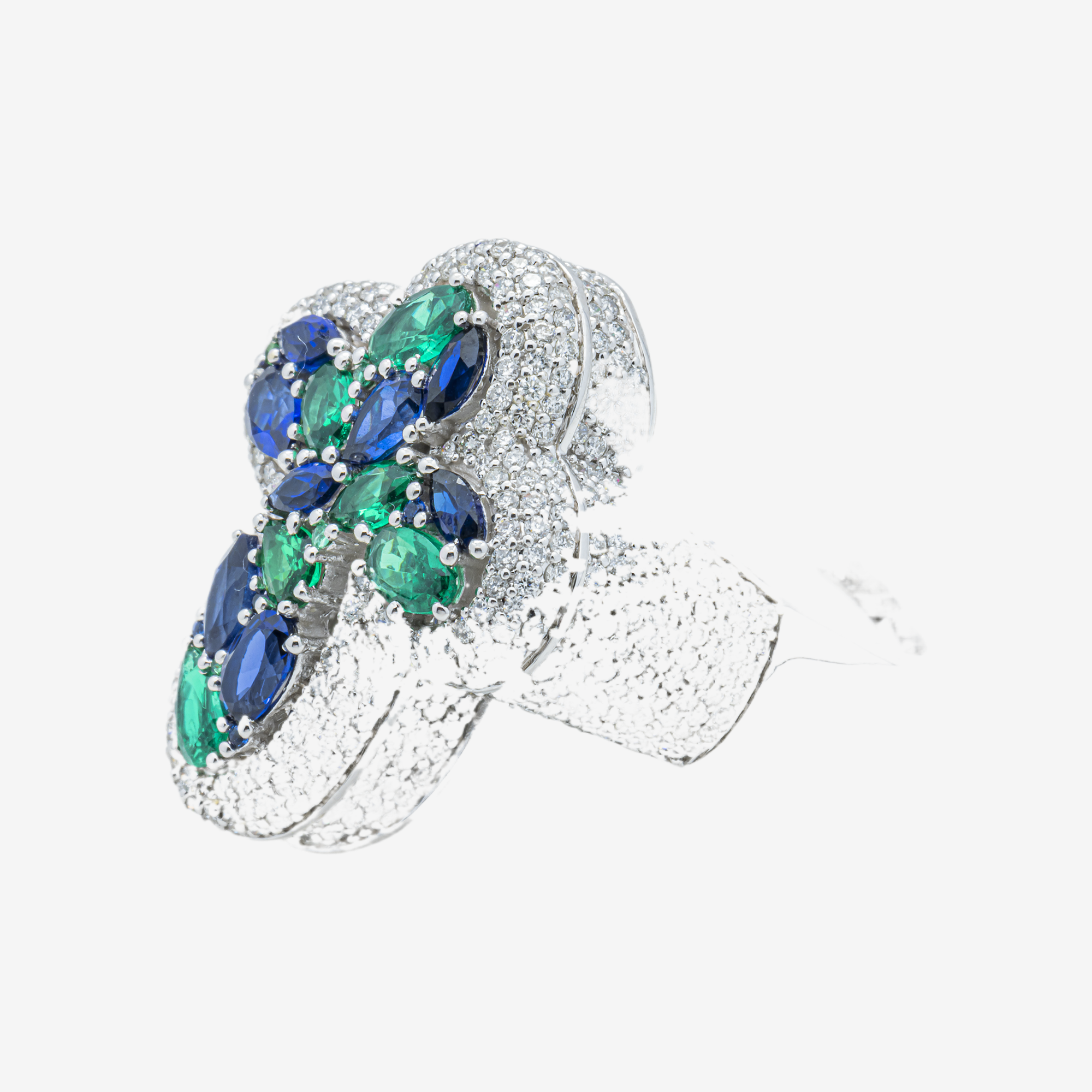 14K BLUE SAPPHIRE EMERALD & DIAMOND PAVE CROSS FLOWER MARQUISE OVAL MULTI-GEMSTONE CLOVER RING IN WG