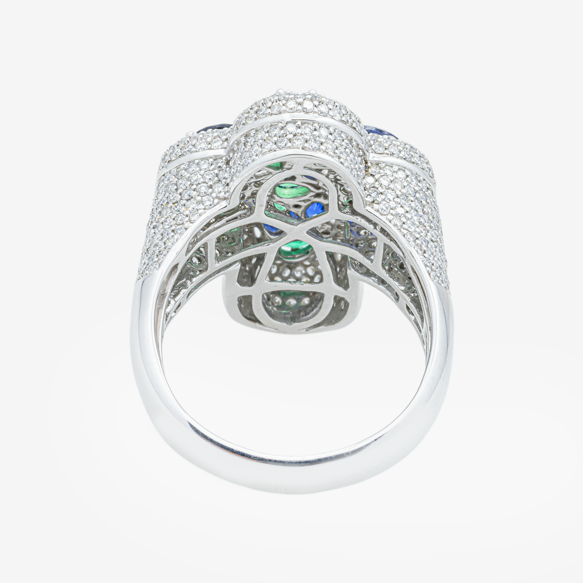 14K BLUE SAPPHIRE EMERALD & DIAMOND PAVE CROSS FLOWER MARQUISE OVAL MULTI-GEMSTONE CLOVER RING IN WG