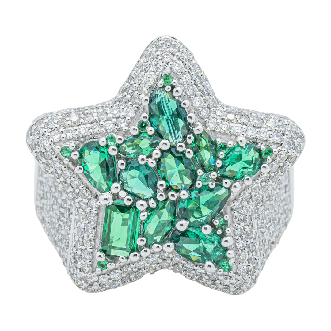 14K EMERALD & DIAMOND PAVE STAR SHAPED MIXED CUT EMERALD CLUSTER FIVE POINT STAR BOLD RING IN WG