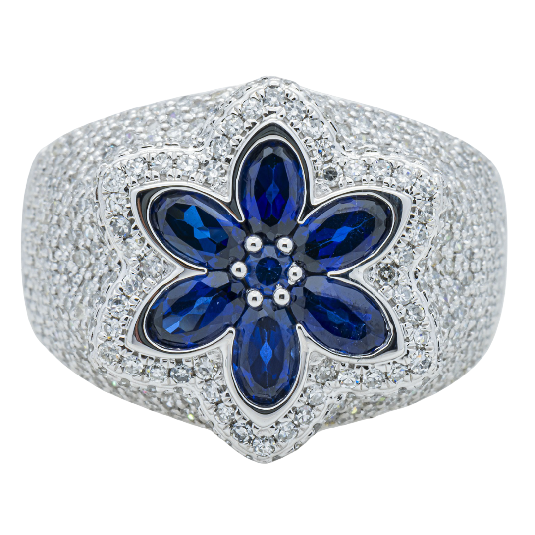 14K BLUE SAPPHIRE SIX PETAL FLOWER & DIAMOND PAVE DOME MARQUISE FLORAL CLUSTER RING IN WG