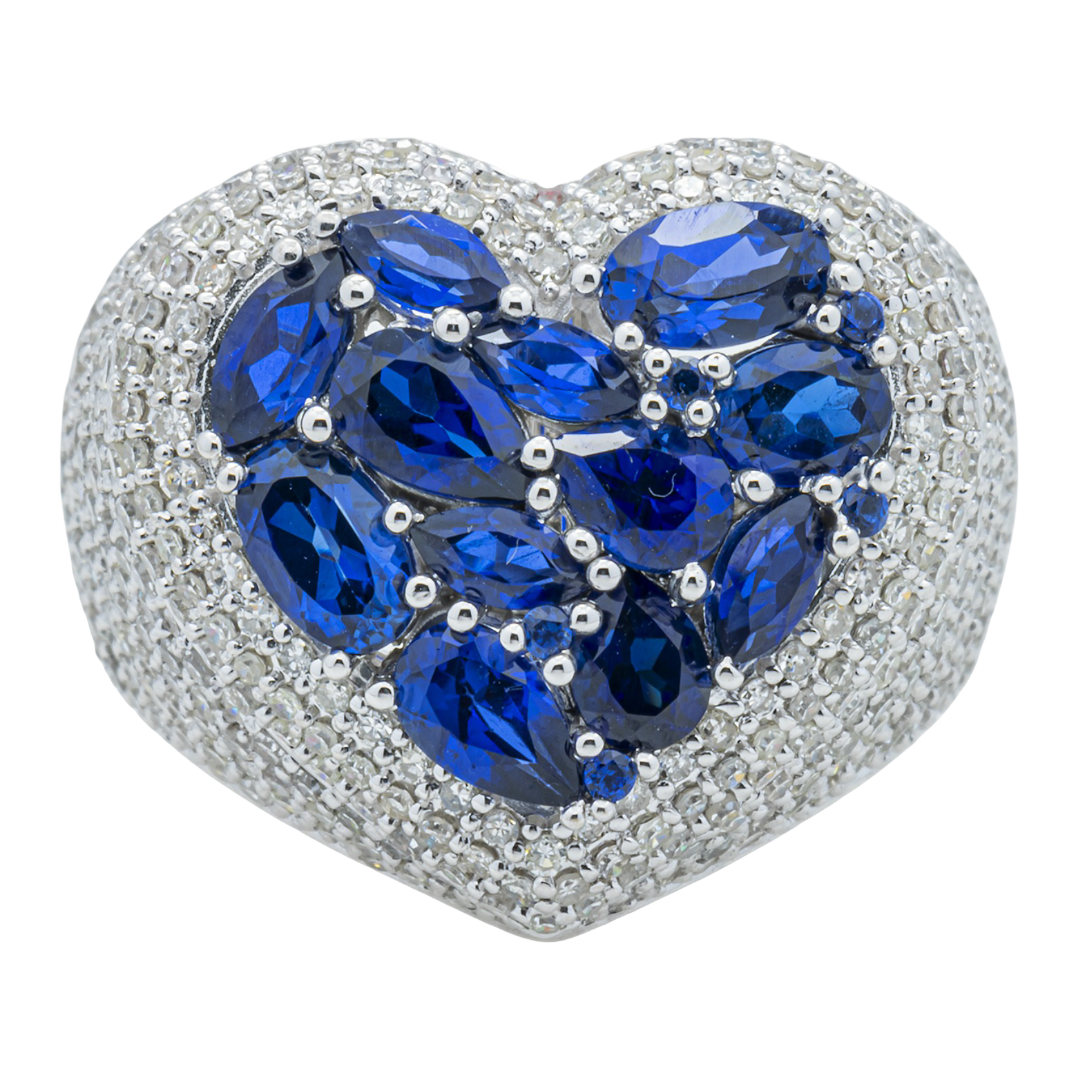 14K BLUE SAPPHIRE & DIAMOND PAVE HEART DOME MARQUISE OVAL CLUSTER ROMANTIC RING IN WG