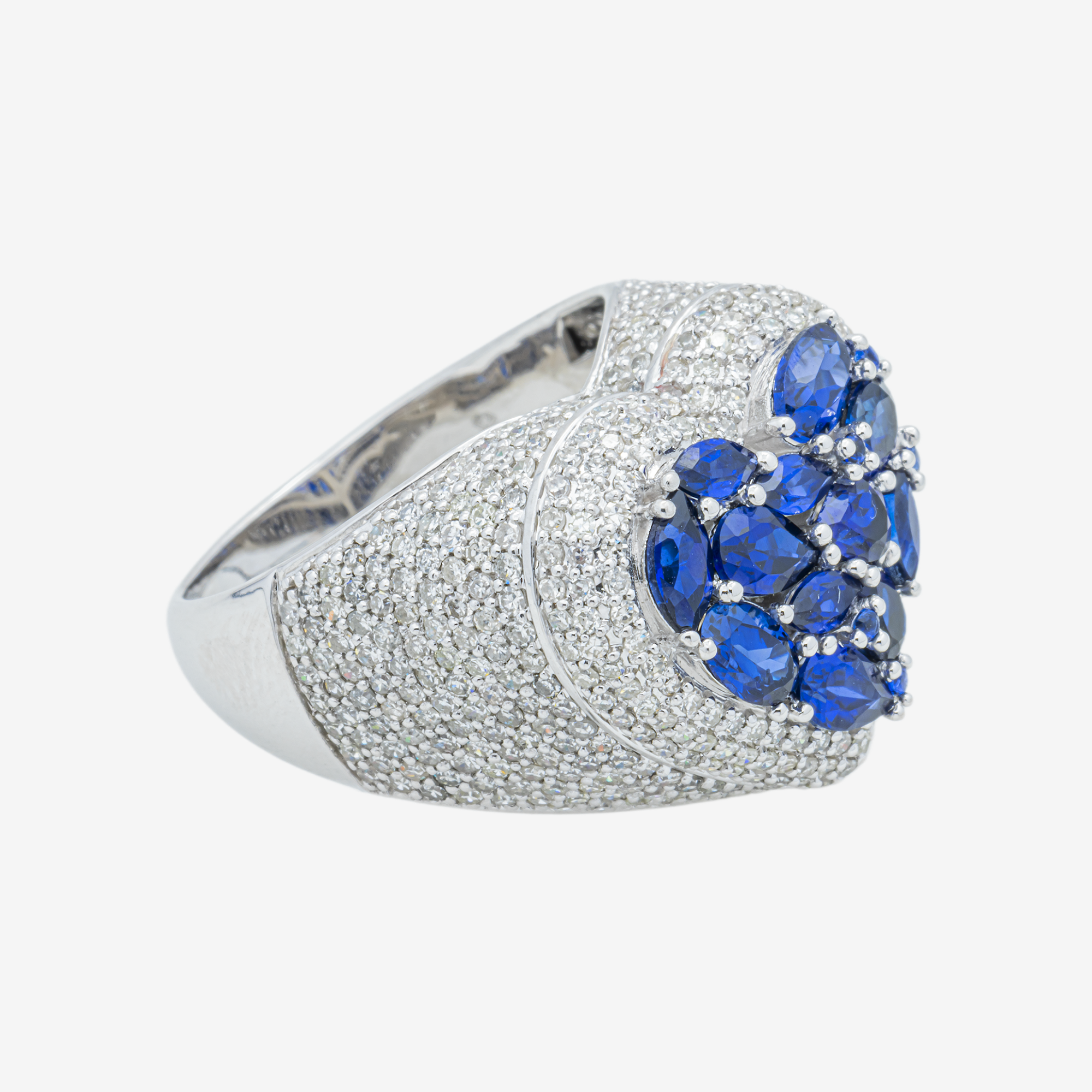 14K BLUE SAPPHIRE & DIAMOND PAVE HEART DOME MARQUISE OVAL CLUSTER ROMANTIC RING IN WG