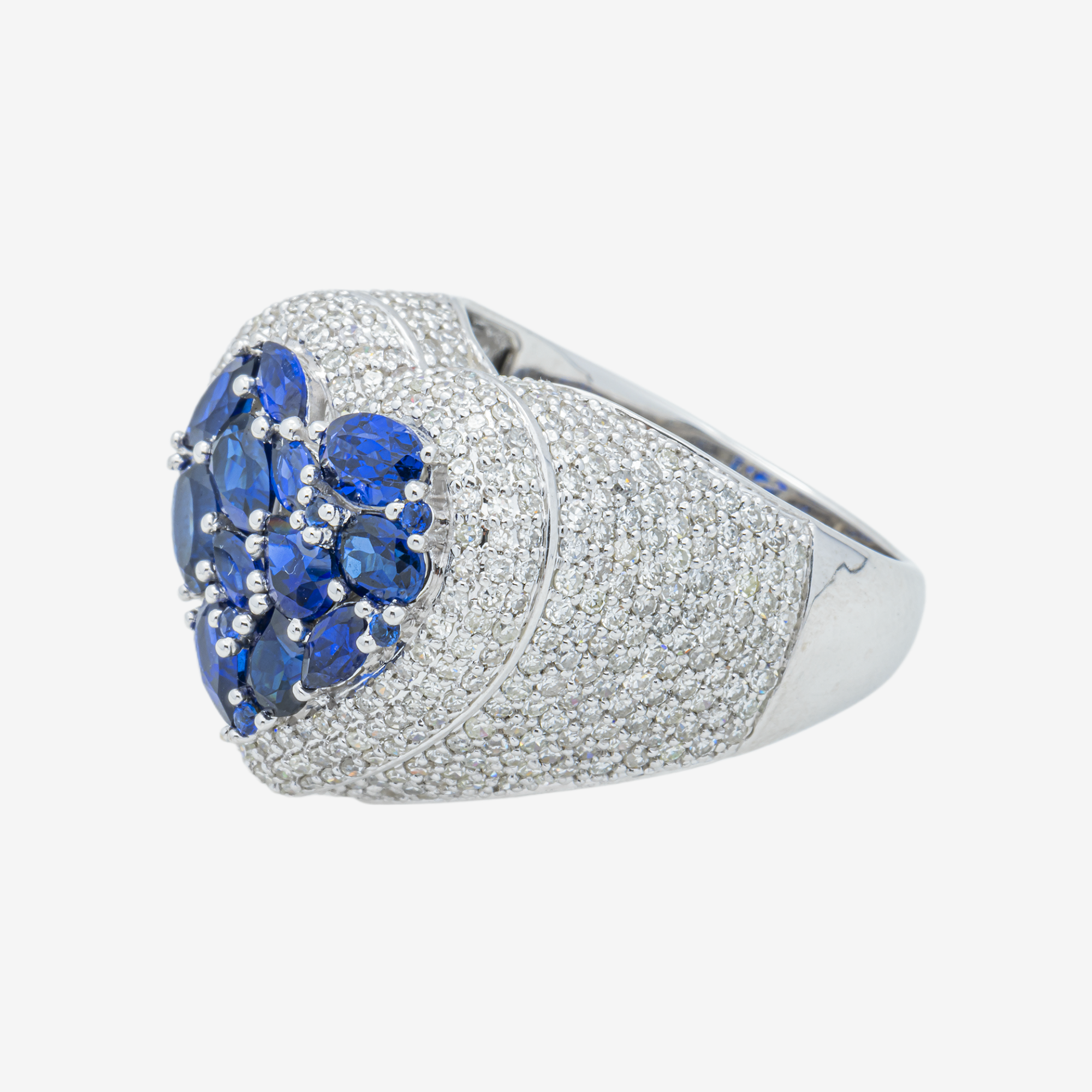 14K BLUE SAPPHIRE & DIAMOND PAVE HEART DOME MARQUISE OVAL CLUSTER ROMANTIC RING IN WG