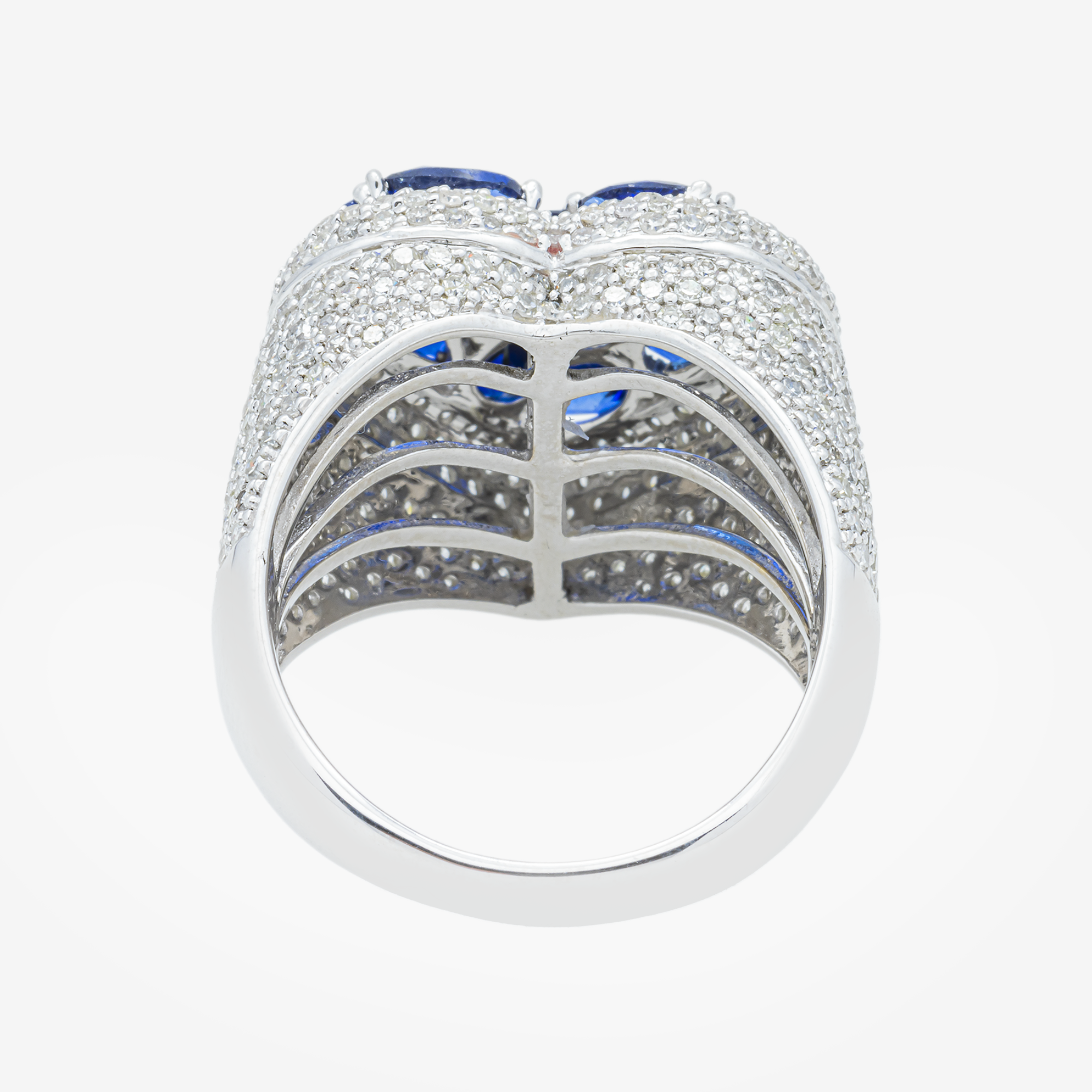 14K BLUE SAPPHIRE & DIAMOND PAVE HEART DOME MARQUISE OVAL CLUSTER ROMANTIC RING IN WG