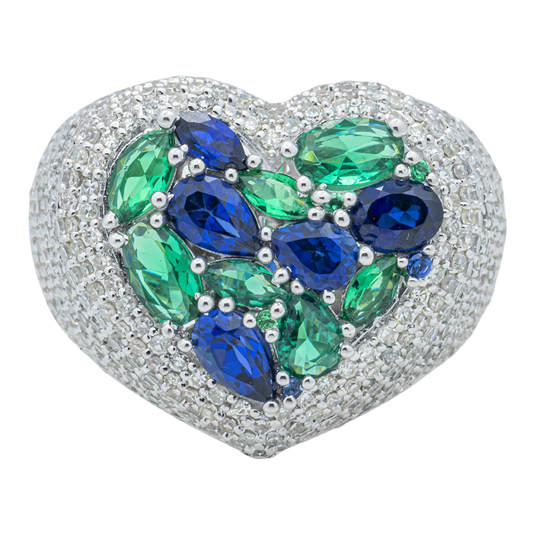 14K BLUE SAPPHIRE EMERALD & DIAMOND PAVE HEART DOME MARQUISE OVAL MULTI-GEMSTONE ROMANTIC  RING IN WG