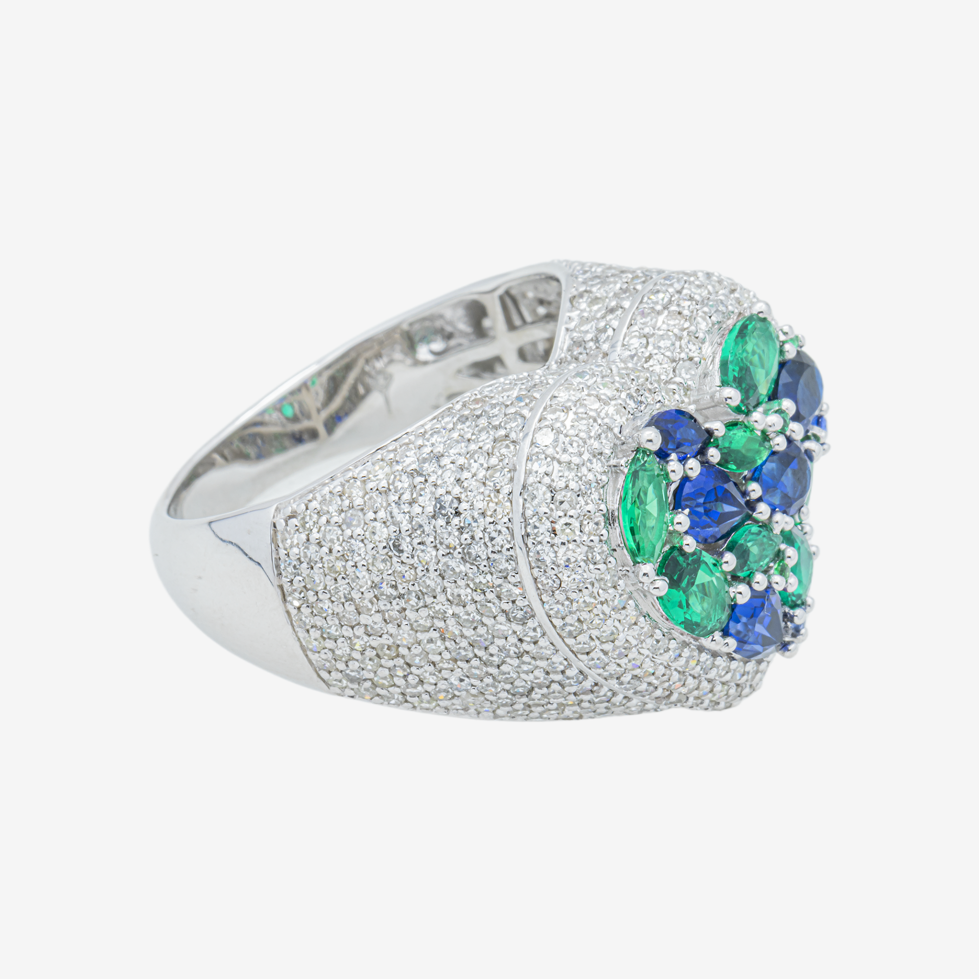 14K BLUE SAPPHIRE EMERALD & DIAMOND PAVE HEART DOME MARQUISE OVAL MULTI-GEMSTONE ROMANTIC  RING IN WG