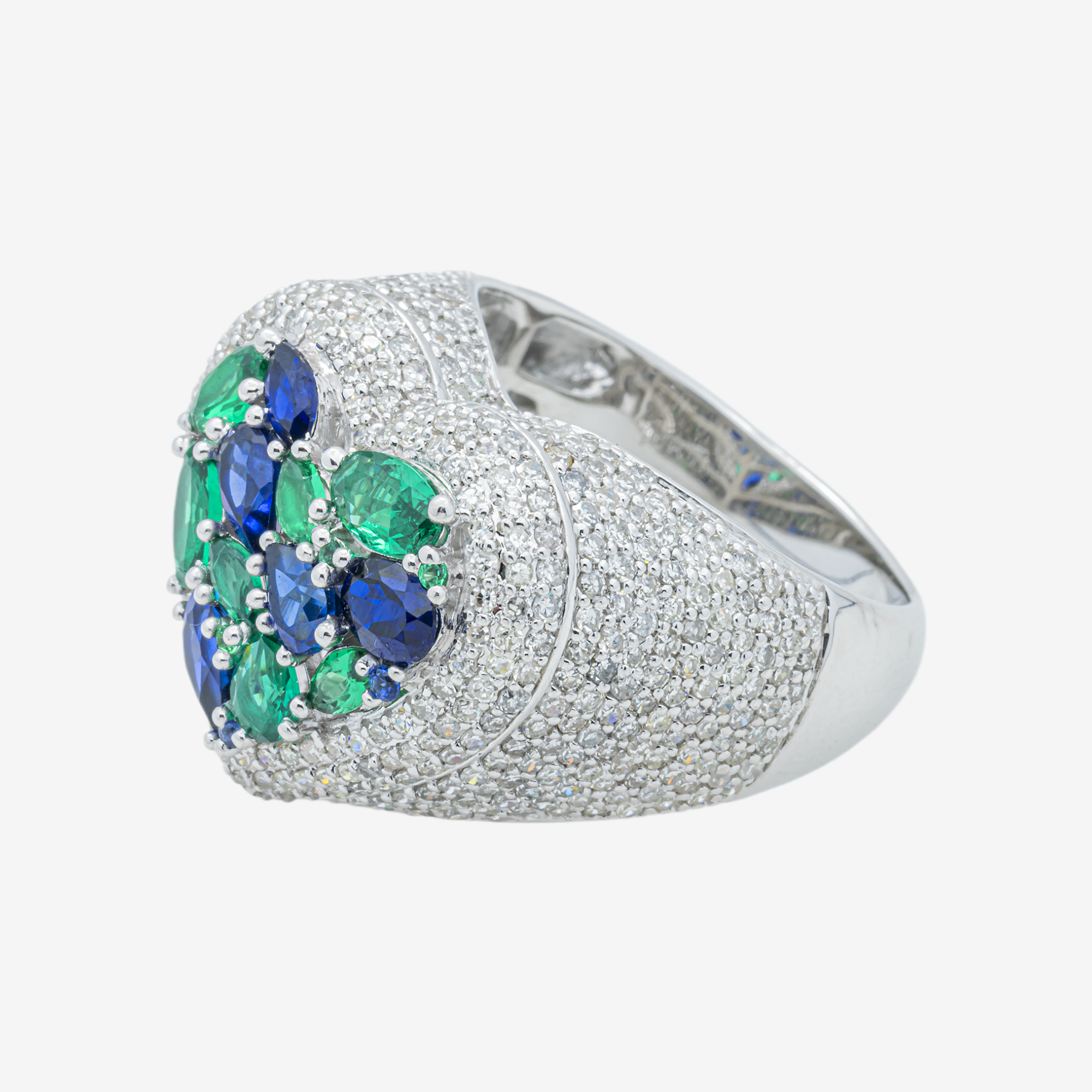 14K BLUE SAPPHIRE EMERALD & DIAMOND PAVE HEART DOME MARQUISE OVAL MULTI-GEMSTONE ROMANTIC  RING IN WG