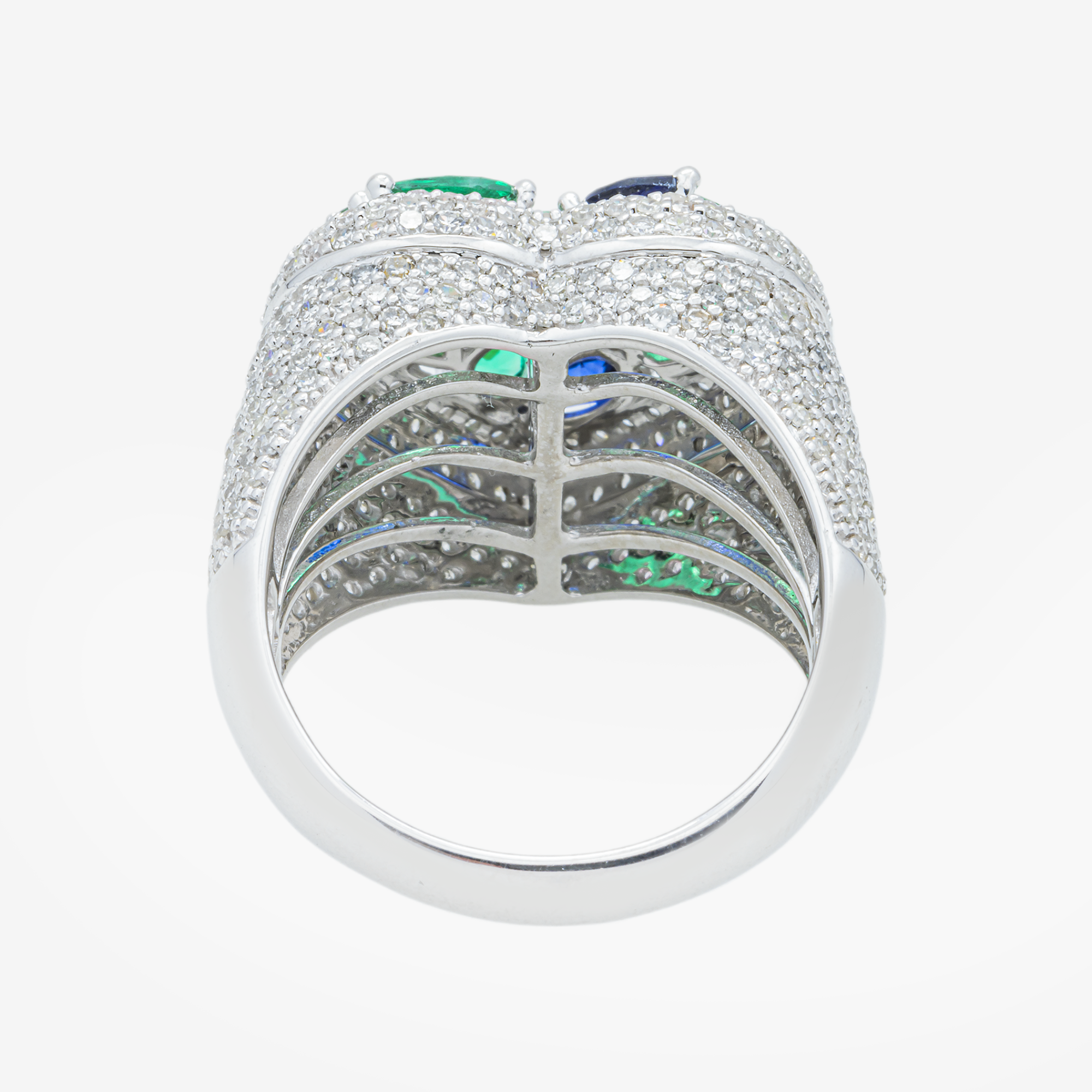14K BLUE SAPPHIRE EMERALD & DIAMOND PAVE HEART DOME MARQUISE OVAL MULTI-GEMSTONE ROMANTIC  RING IN WG