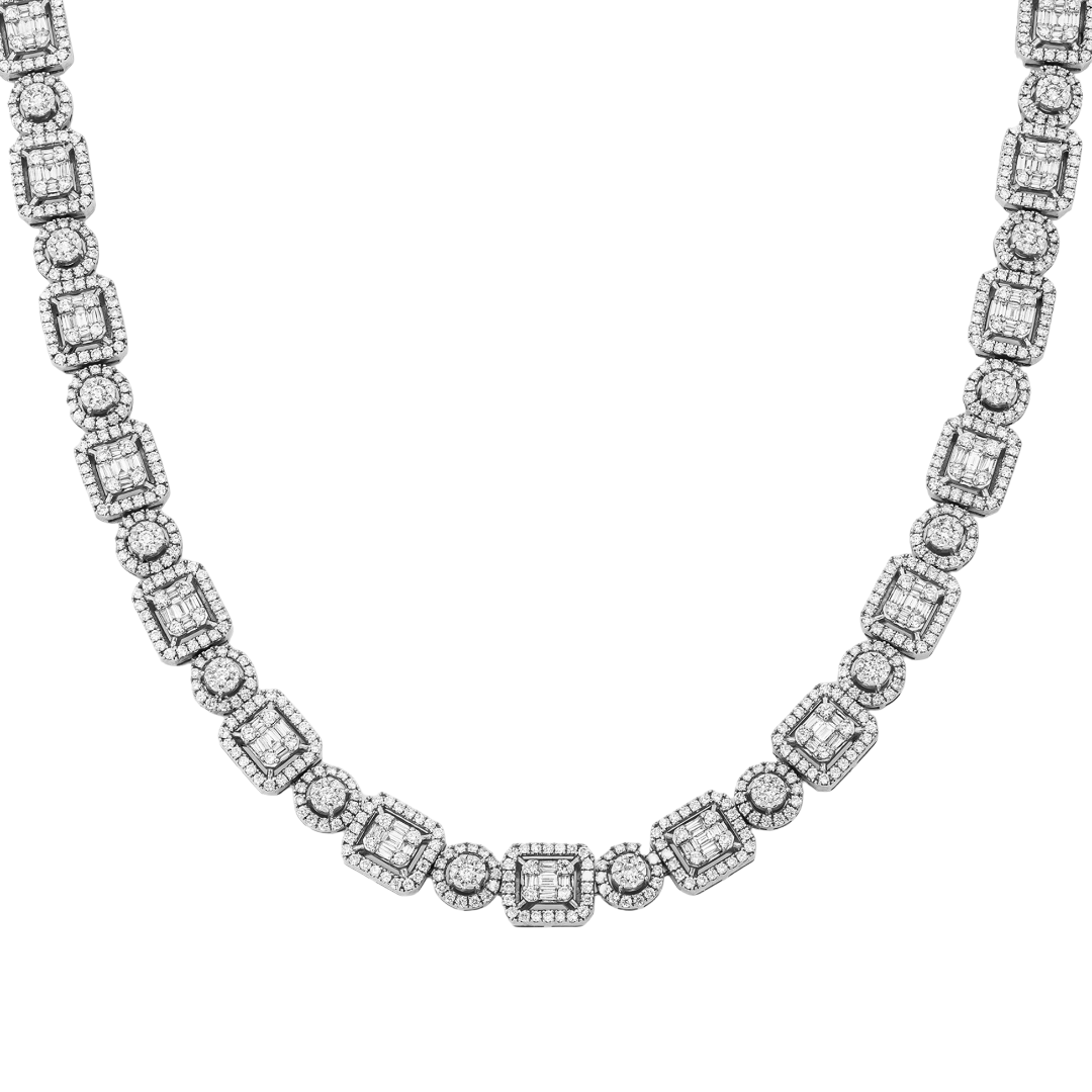 14K BAGUETTE & ROUND DIAMOND CLUSTER EMERALD CUT HALO PAVE TENNIS NECKLACE IN WG