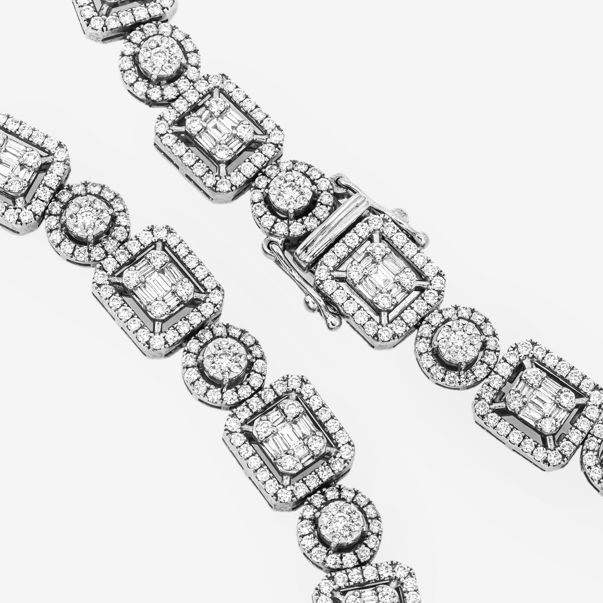 14K BAGUETTE & ROUND DIAMOND CLUSTER EMERALD CUT HALO PAVE TENNIS NECKLACE IN WG