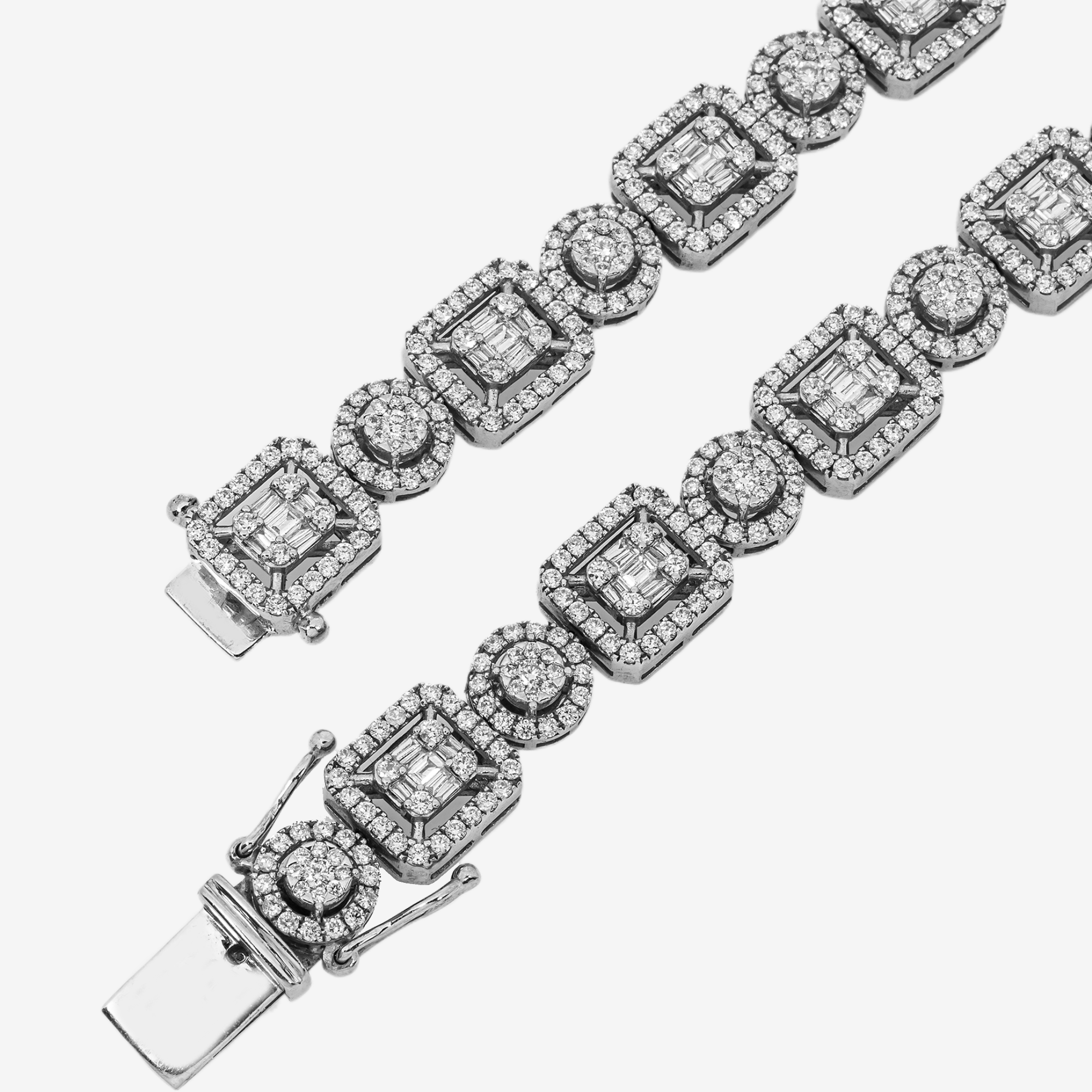 14K BAGUETTE & ROUND DIAMOND CLUSTER EMERALD CUT HALO PAVE TENNIS NECKLACE IN WG