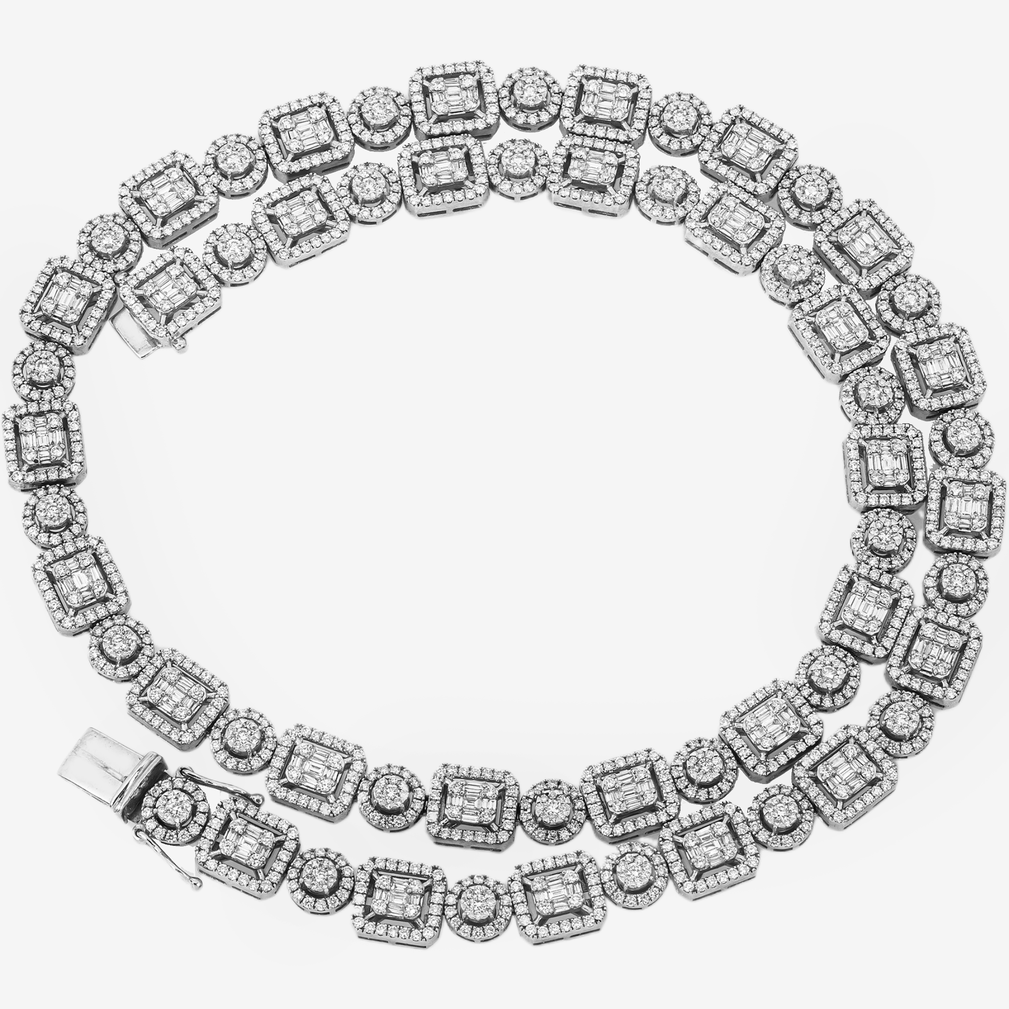 14K BAGUETTE & ROUND DIAMOND CLUSTER EMERALD CUT HALO PAVE TENNIS NECKLACE IN WG