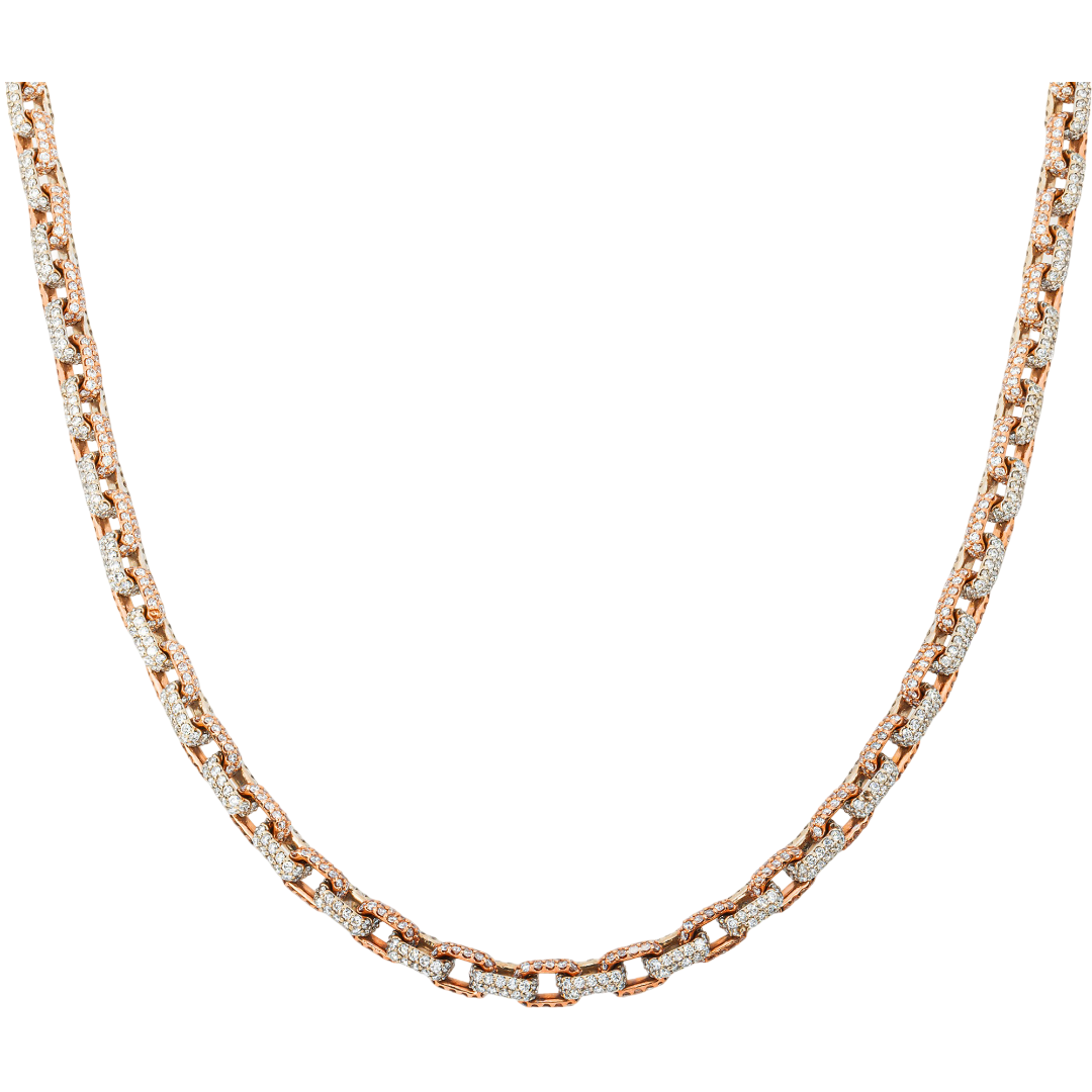 14K FULL PAVE DIAMOND ROLO LINK CHAIN ICED OUT ROUND CUT NECKLACE IN RG