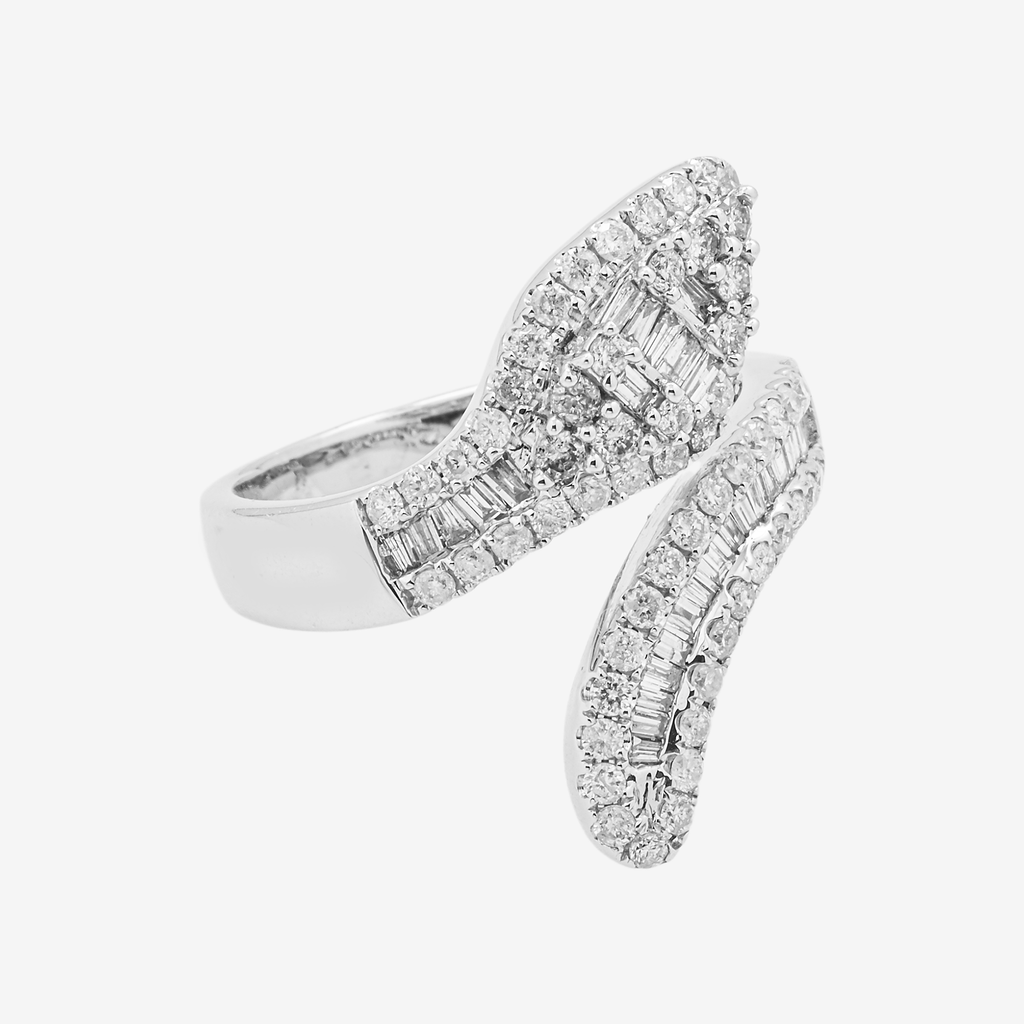 14K BAGUETTE SERPENT WRAP AROUND RING IN WG 1.15 CT DIAMONDS