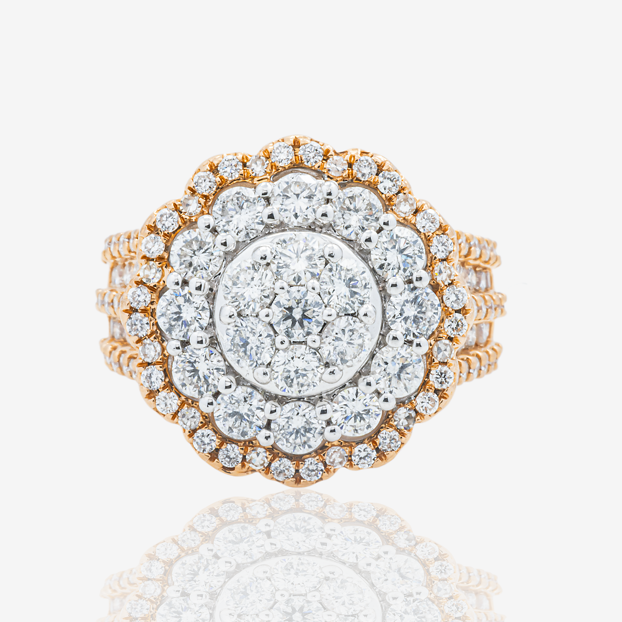 14K TWO TONE INVISIBLE SET ROUND CLUSTER DIAMOND RING IN WG/RG 3 CT DIAMONDS