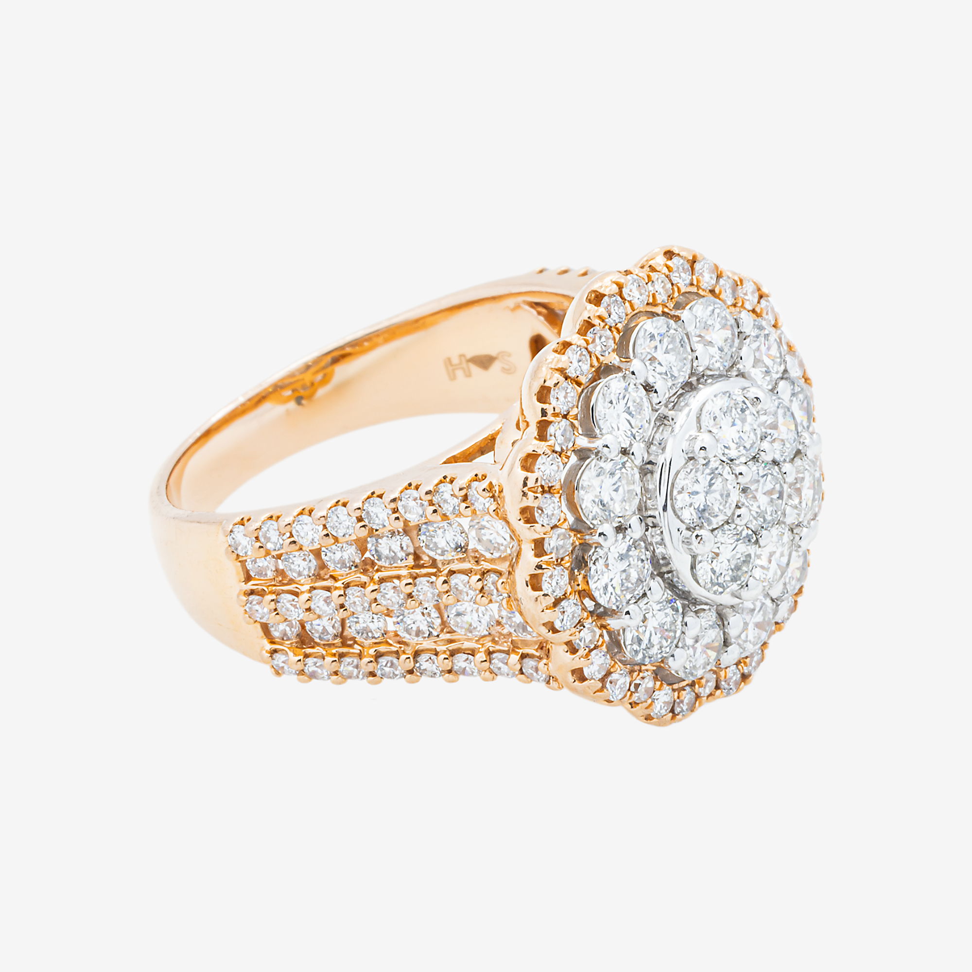 14K TWO TONE INVISIBLE SET ROUND CLUSTER DIAMOND RING IN WG/RG 3 CT DIAMONDS