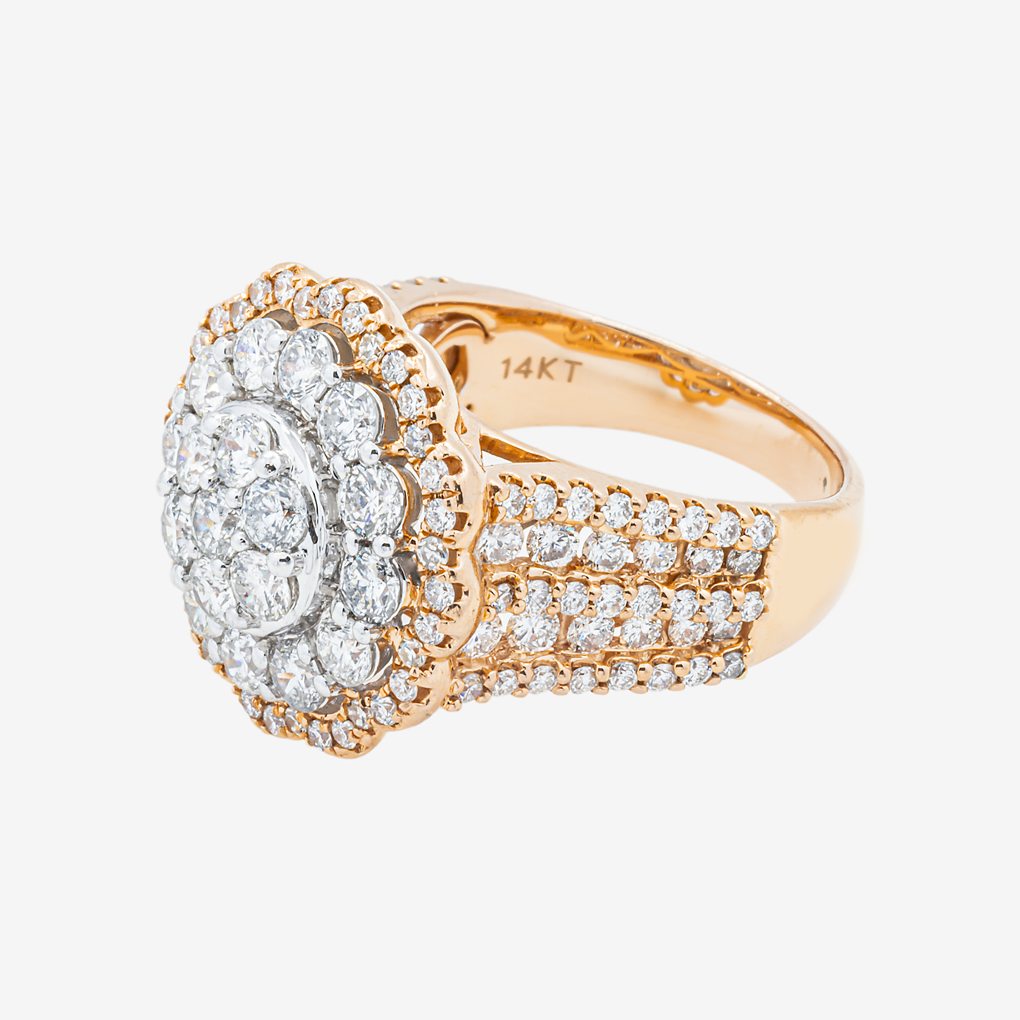 14K TWO TONE INVISIBLE SET ROUND CLUSTER DIAMOND RING IN WG/RG 3 CT DIAMONDS