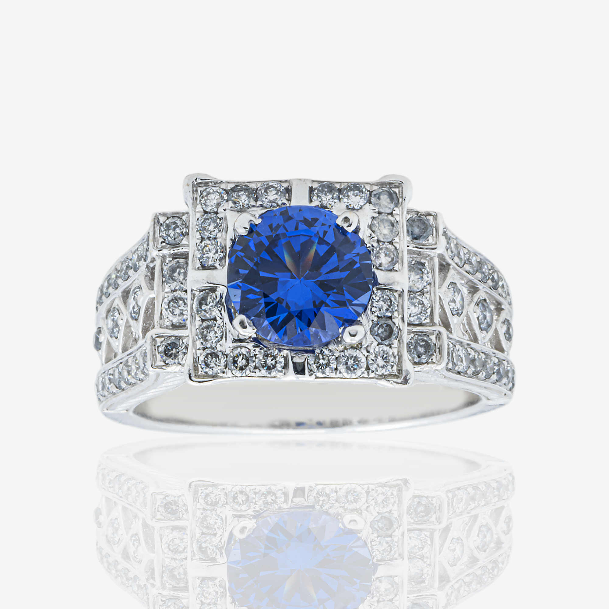 ROUND SAPPHIRE CENTER SQUARE DIAMOND RING IN WG 1.15 CT DIAMONDS