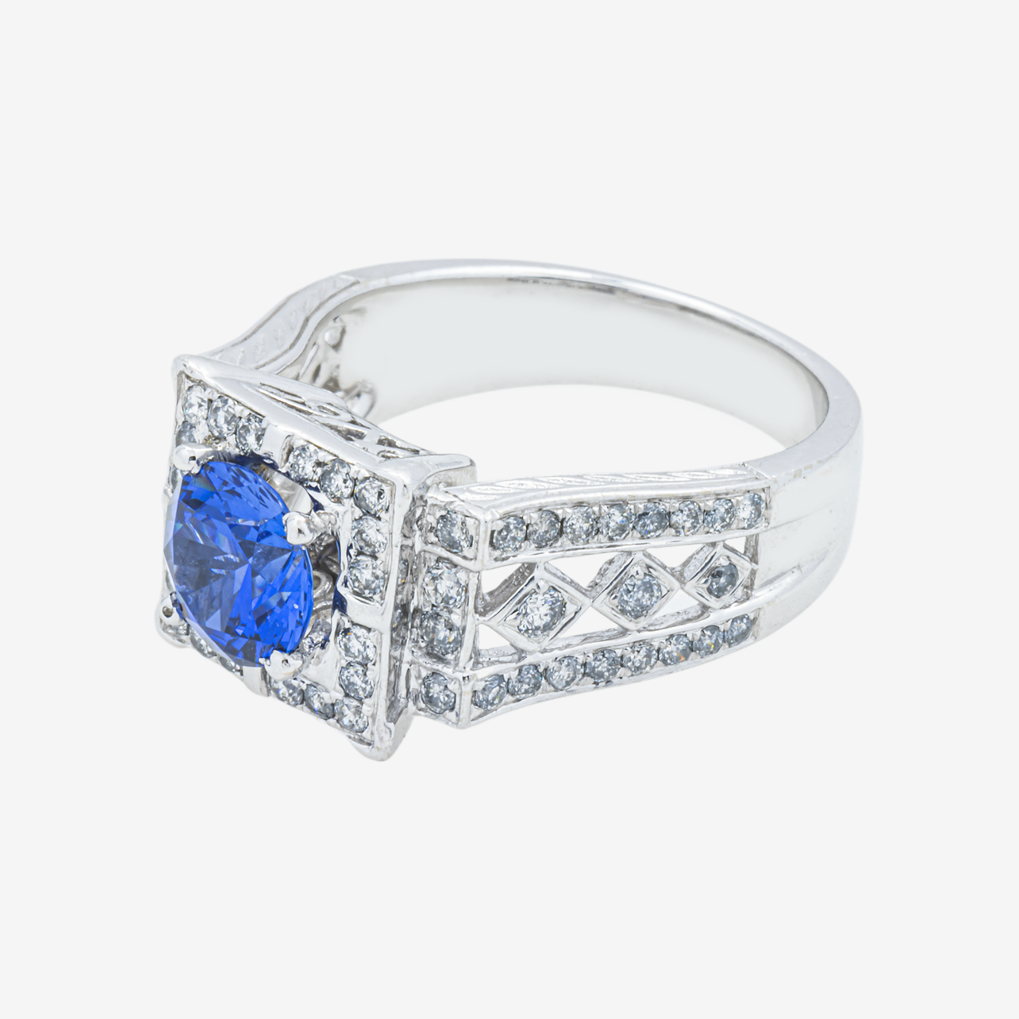 ROUND SAPPHIRE CENTER SQUARE DIAMOND RING IN WG 1.15 CT DIAMONDS