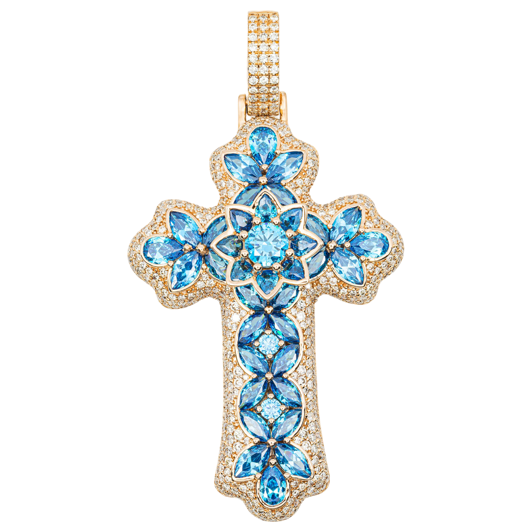 14K BLUE TOPAZ & DIAMOND FLORAL CROSS PENDANT IN YG