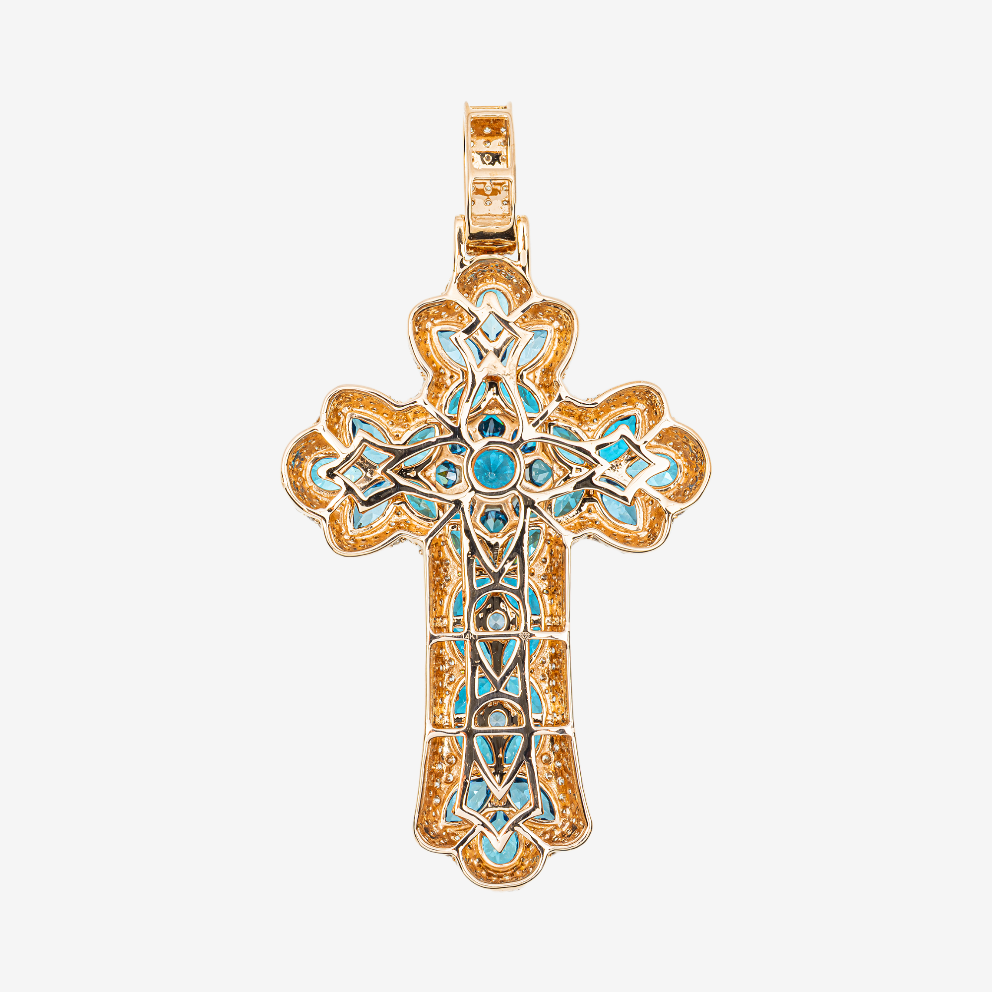 14K BLUE TOPAZ & DIAMOND FLORAL CROSS PENDANT IN YG
