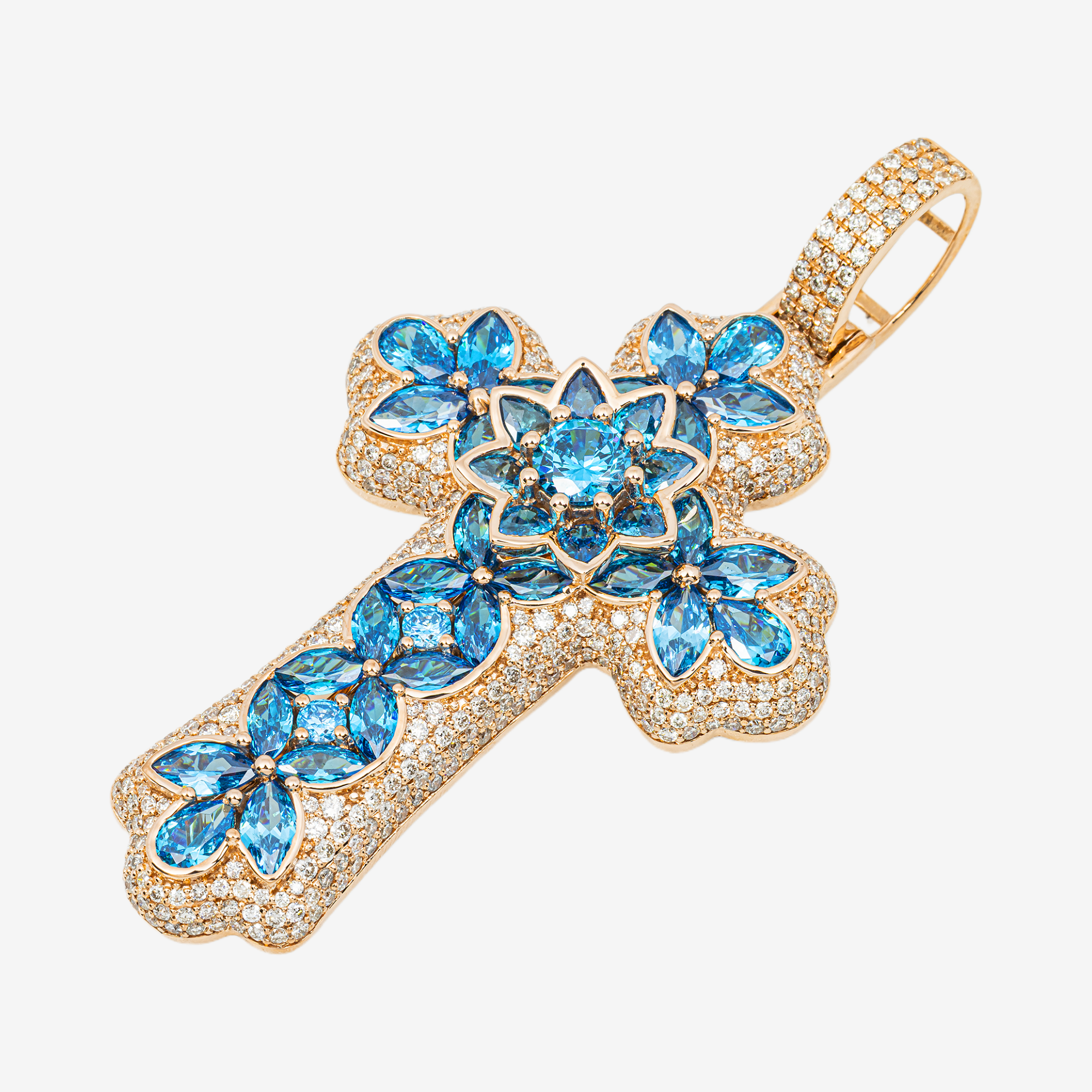 14K BLUE TOPAZ & DIAMOND FLORAL CROSS PENDANT IN YG