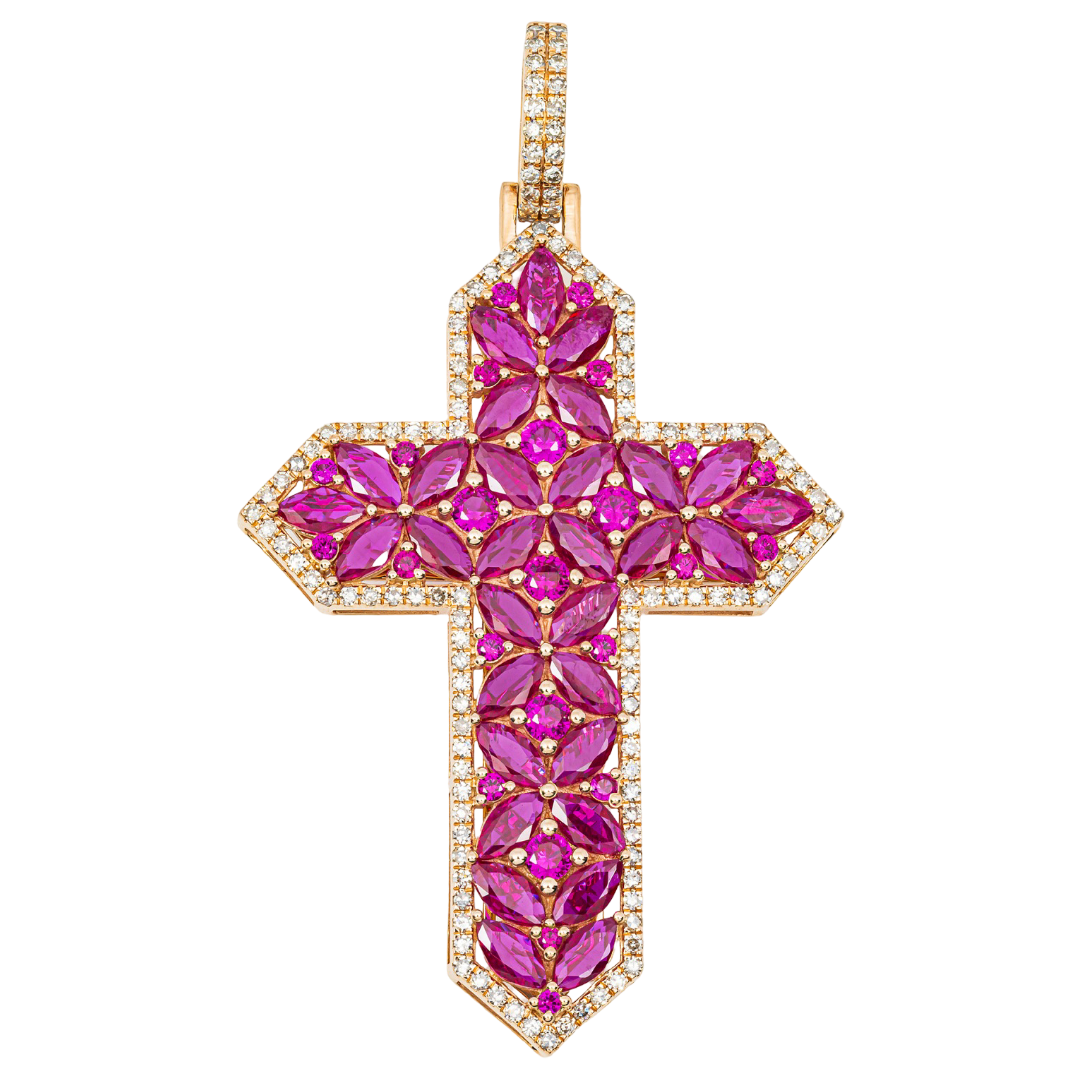 14K RUBY & DIAMOND FLORAL MARQUISE & ROUND RUBY STATEMENT CROSS PENDANT IN RG